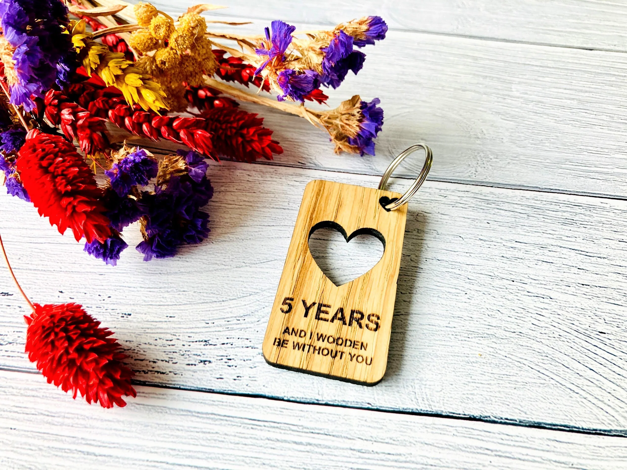 5 Year Anniversary Keyrings | Engraved Wooden Heart Keyring | Fifth Anniversary Gift | Quirky Love Keyring | Oak Wood | Bulk - Image 2