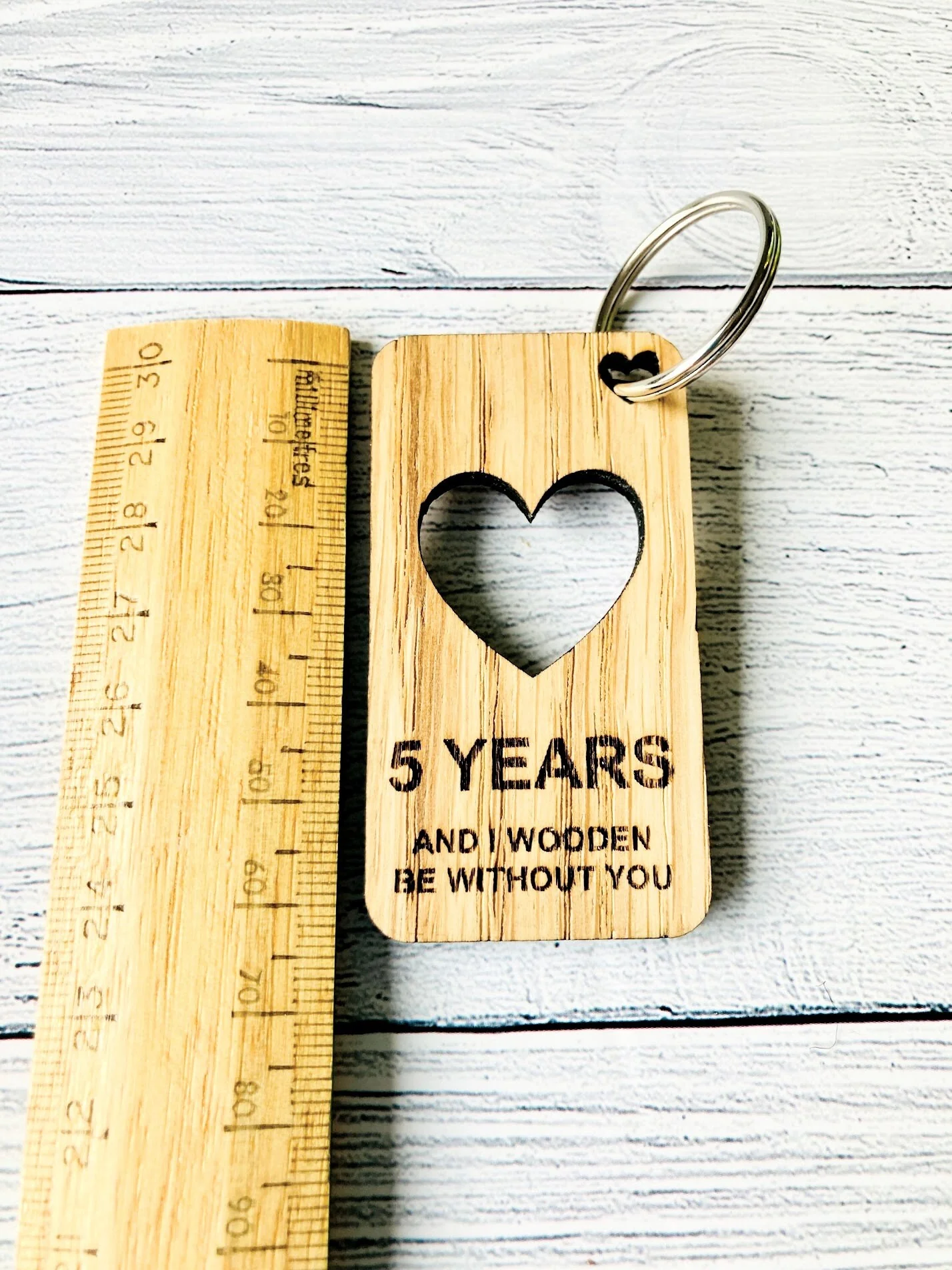 5 Year Anniversary Keyrings | Engraved Wooden Heart Keyring | Fifth Anniversary Gift | Quirky Love Keyring | Oak Wood | Bulk - Image 4
