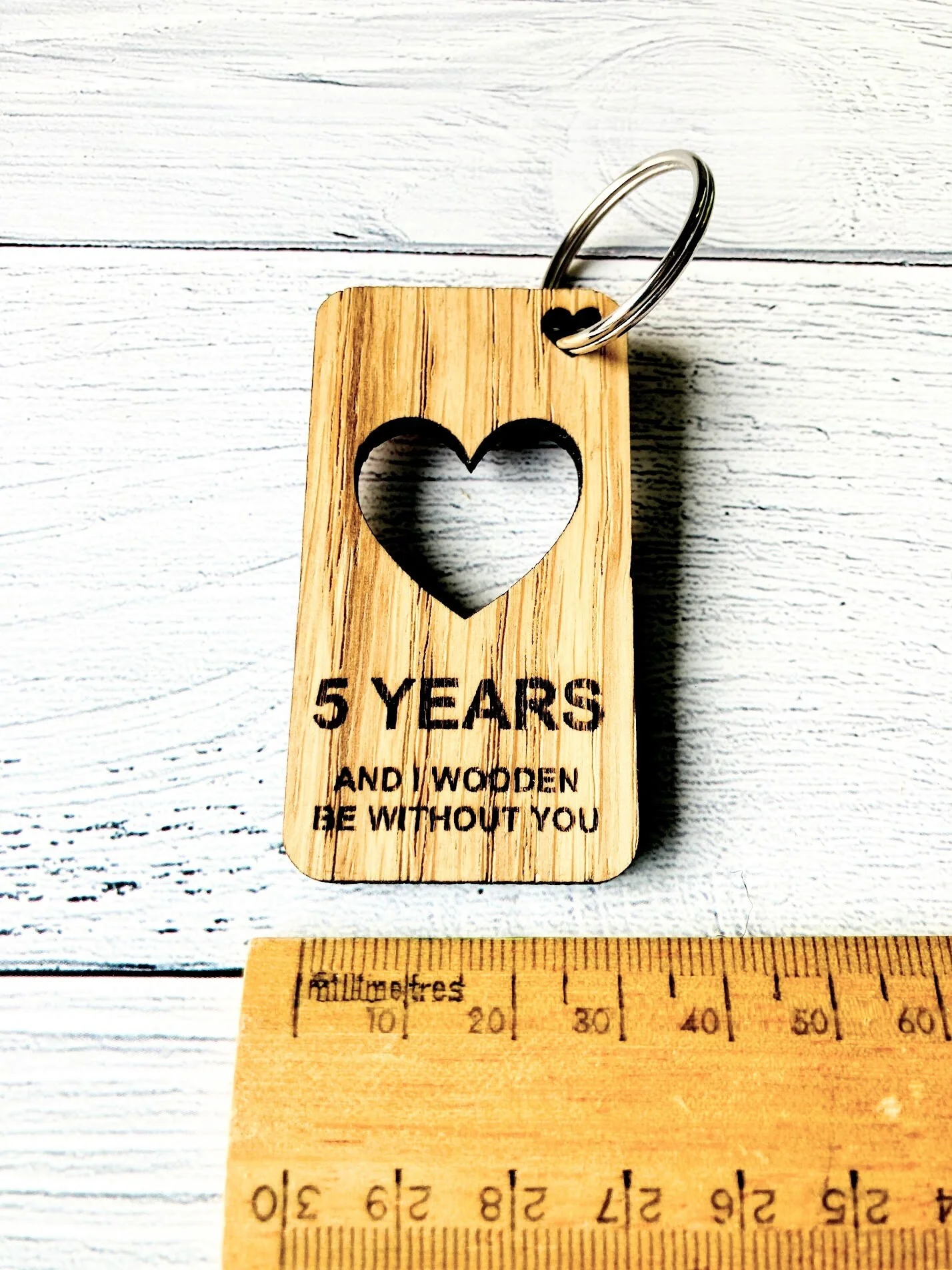 5 Year Anniversary Keyrings | Engraved Wooden Heart Keyring | Fifth Anniversary Gift | Quirky Love Keyring | Oak Wood | Bulk - Image 5