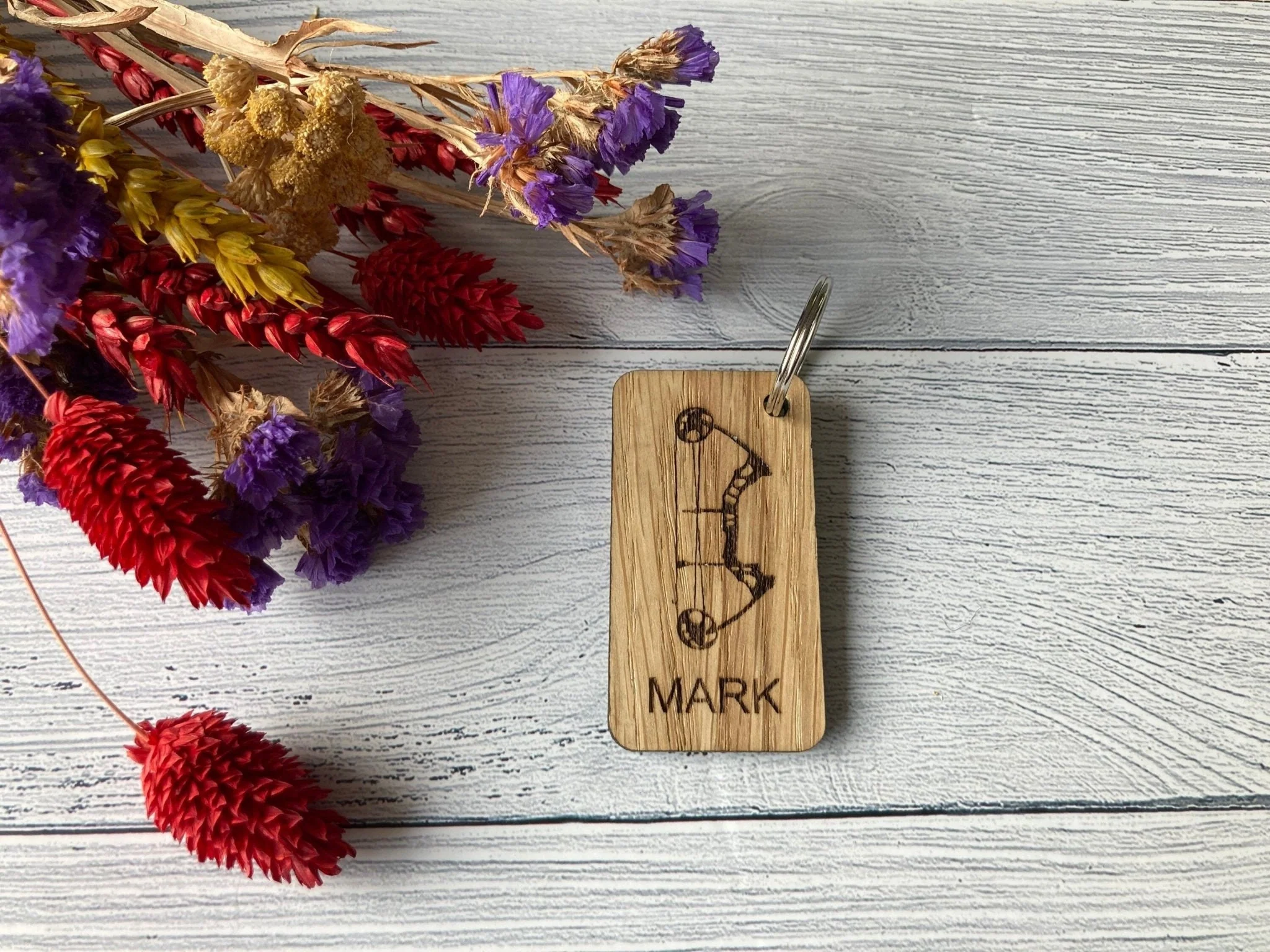 Archery Personalised Keyrings, Engraved Wooden Bow Keyring, Gift For Archery Enthusiast, Oak - Image 5