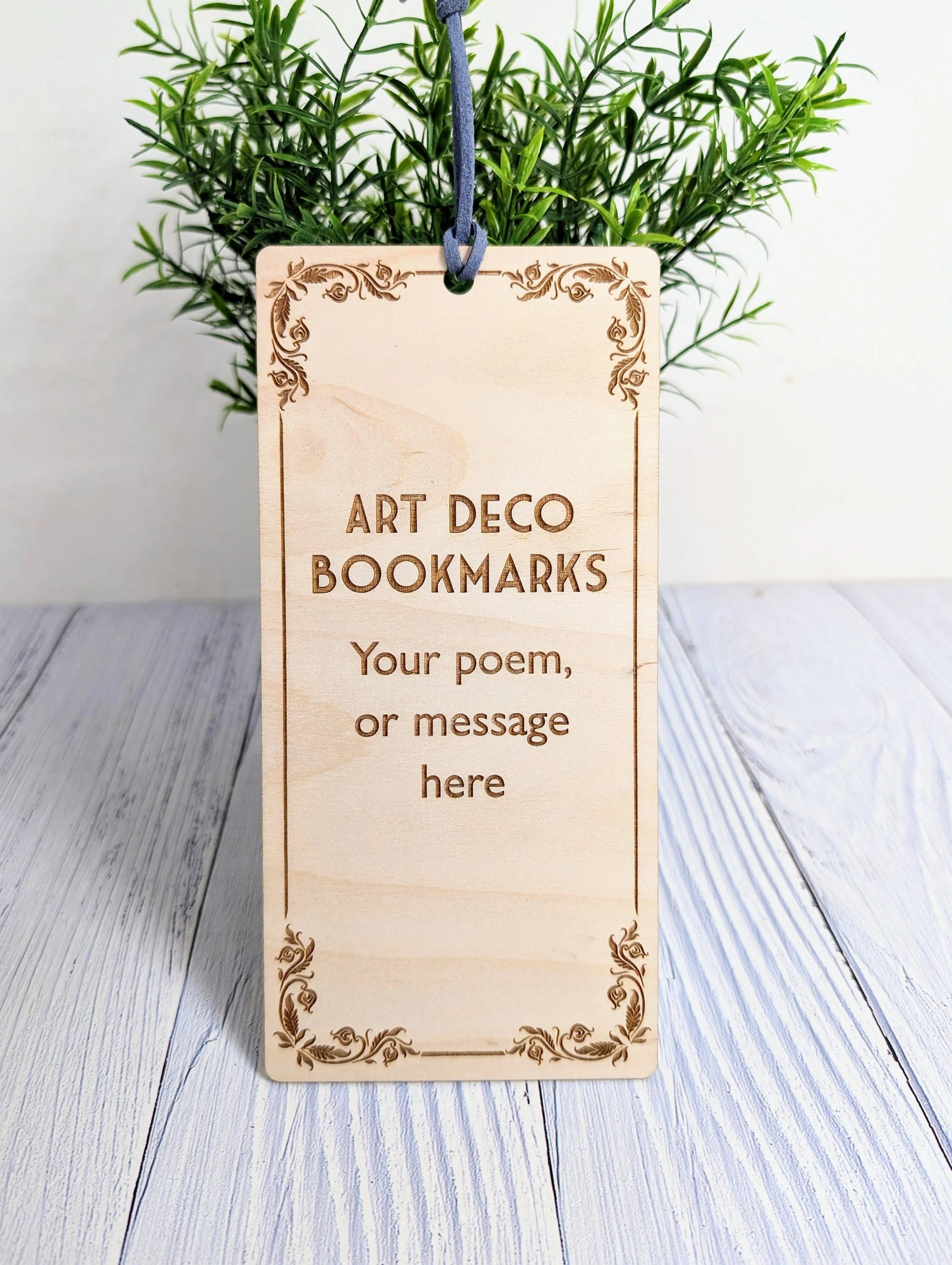 Art Deco-Inspired Wooden Personalised Bookmark | Custom Poem or Message | Vegan Suede Loop | Eco-Friendly Birch | Handcrafted in Wales - Image 3