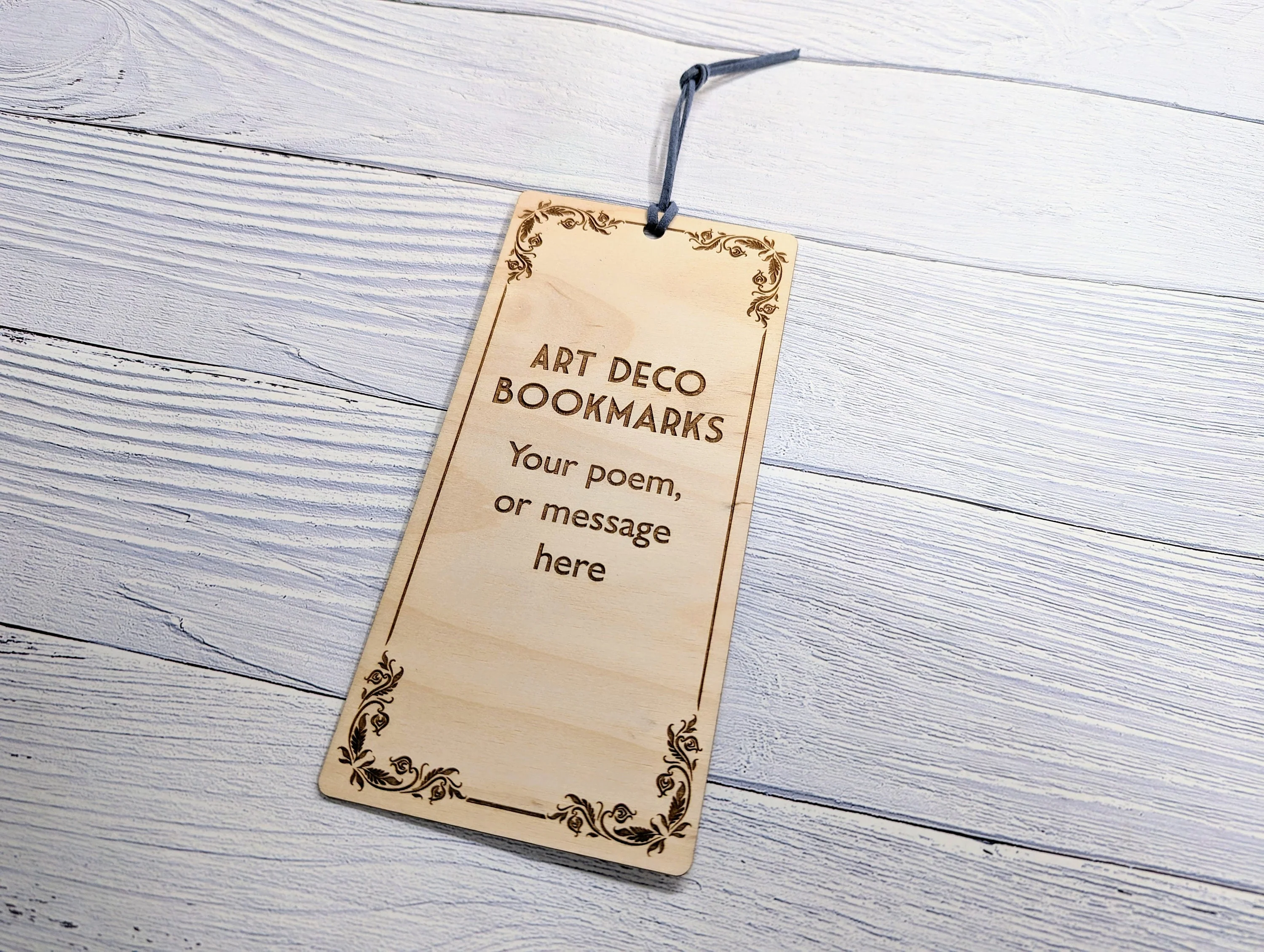 Art Deco-Inspired Wooden Personalised Bookmark | Custom Poem or Message | Vegan Suede Loop | Eco-Friendly Birch | Handcrafted in Wales - Image 4