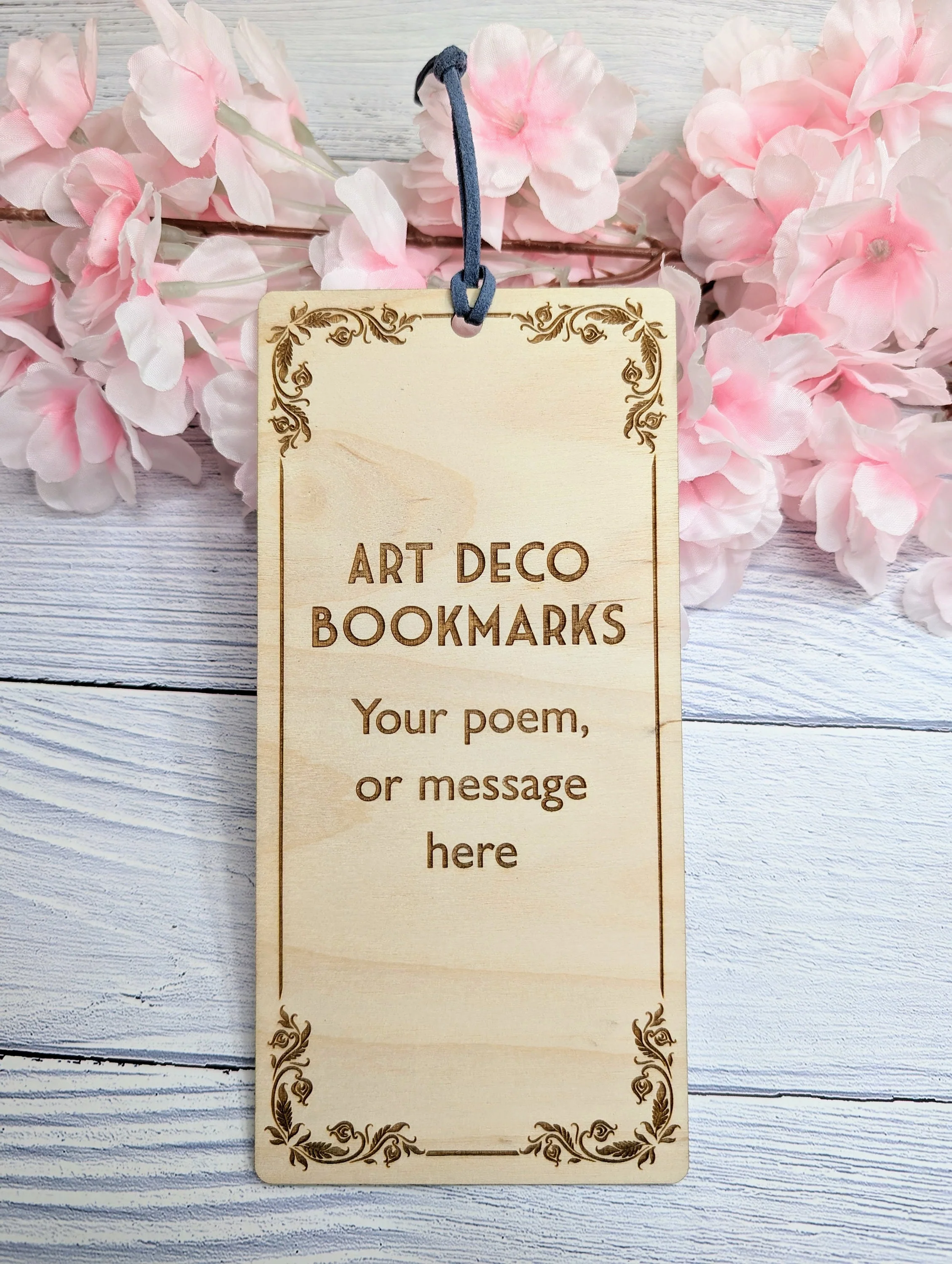 Art Deco-Inspired Wooden Personalised Bookmark | Custom Poem or Message | Vegan Suede Loop | Eco-Friendly Birch | Handcrafted in Wales - Image 5