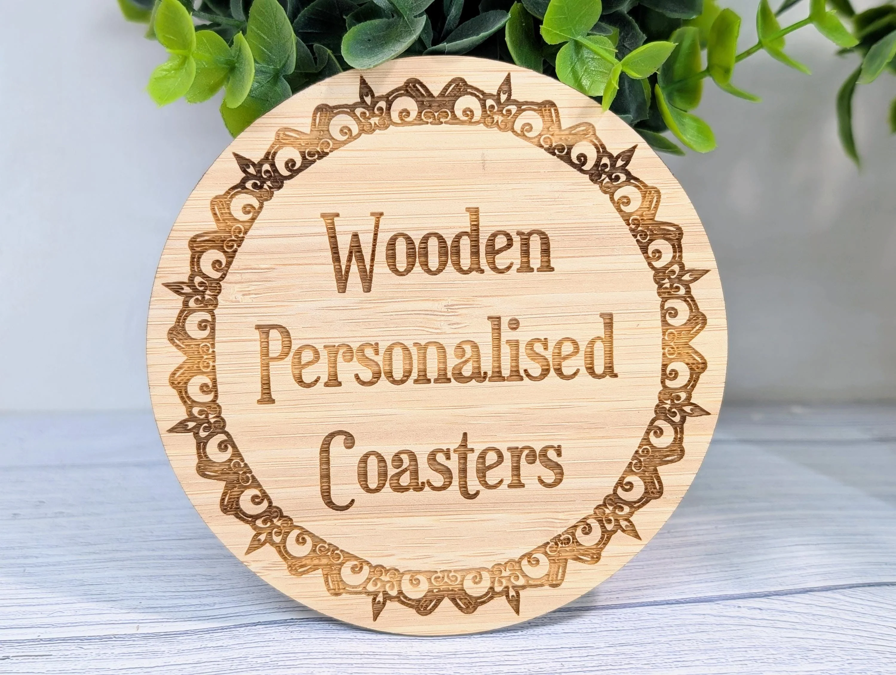 Bamboo Custom Coasters – Eco-Friendly Gift, Personalised Text, Engraved Border – Bespoke Sustainable Craft, 100mm Diameter, Coffee & Tea - Image 5