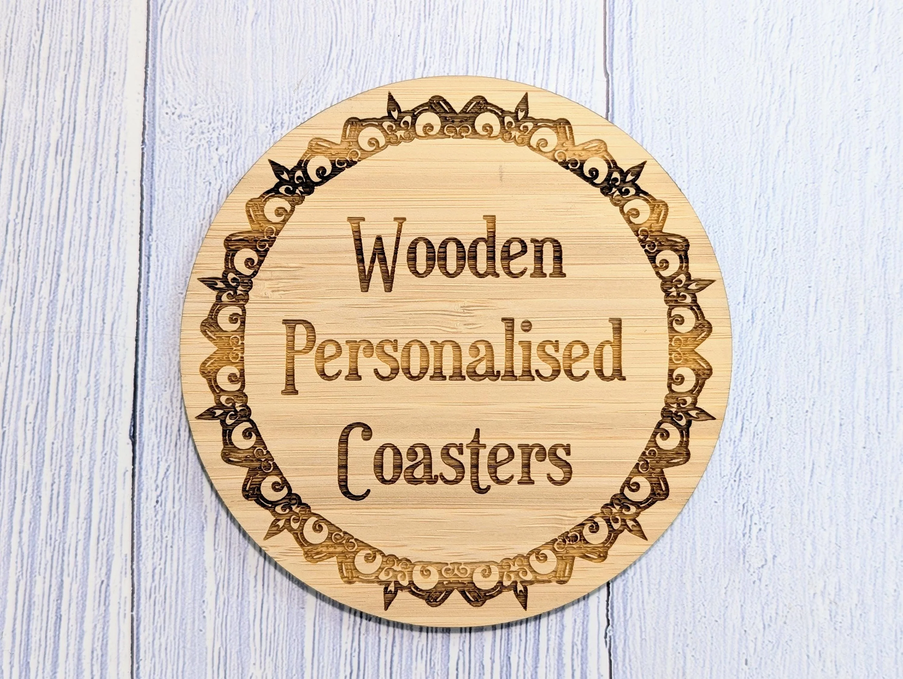 Bamboo Custom Coasters – Eco-Friendly Gift, Personalised Text, Engraved Border – Bespoke Sustainable Craft, 100mm Diameter, Coffee & Tea - Image 6