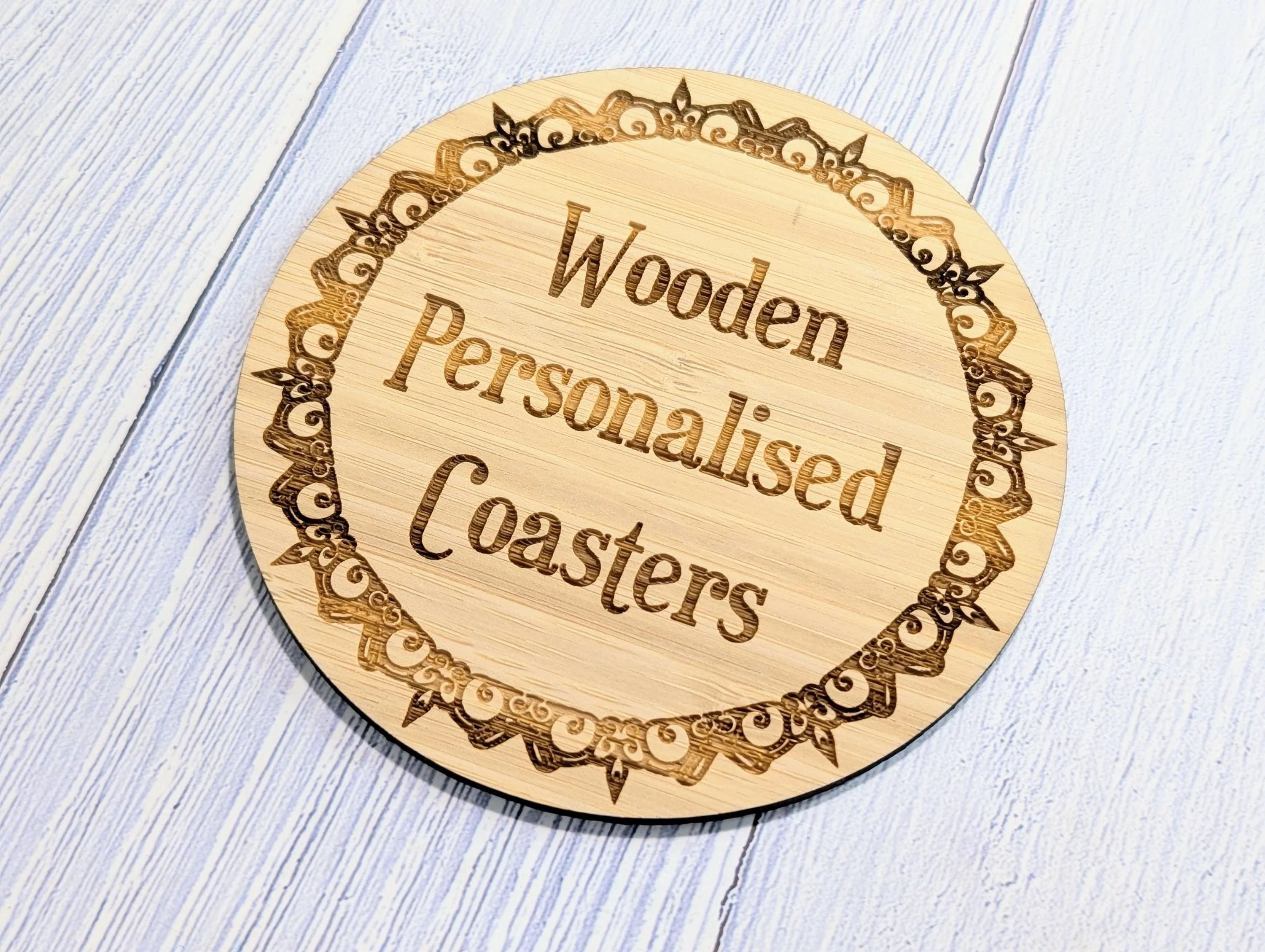Bamboo Custom Coasters – Eco-Friendly Gift, Personalised Text, Engraved Border – Bespoke Sustainable Craft, 100mm Diameter, Coffee & Tea - Image 7