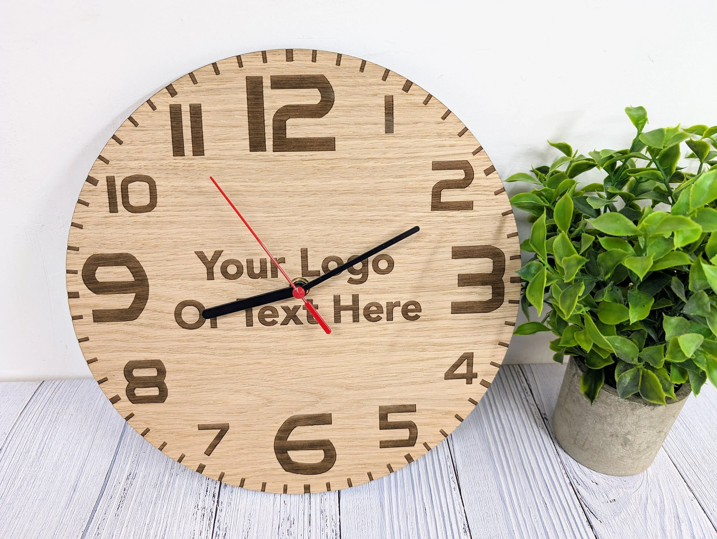 Engraved Oak Veneer Clock: Personalised Text & Logo, 30cm - Image 3