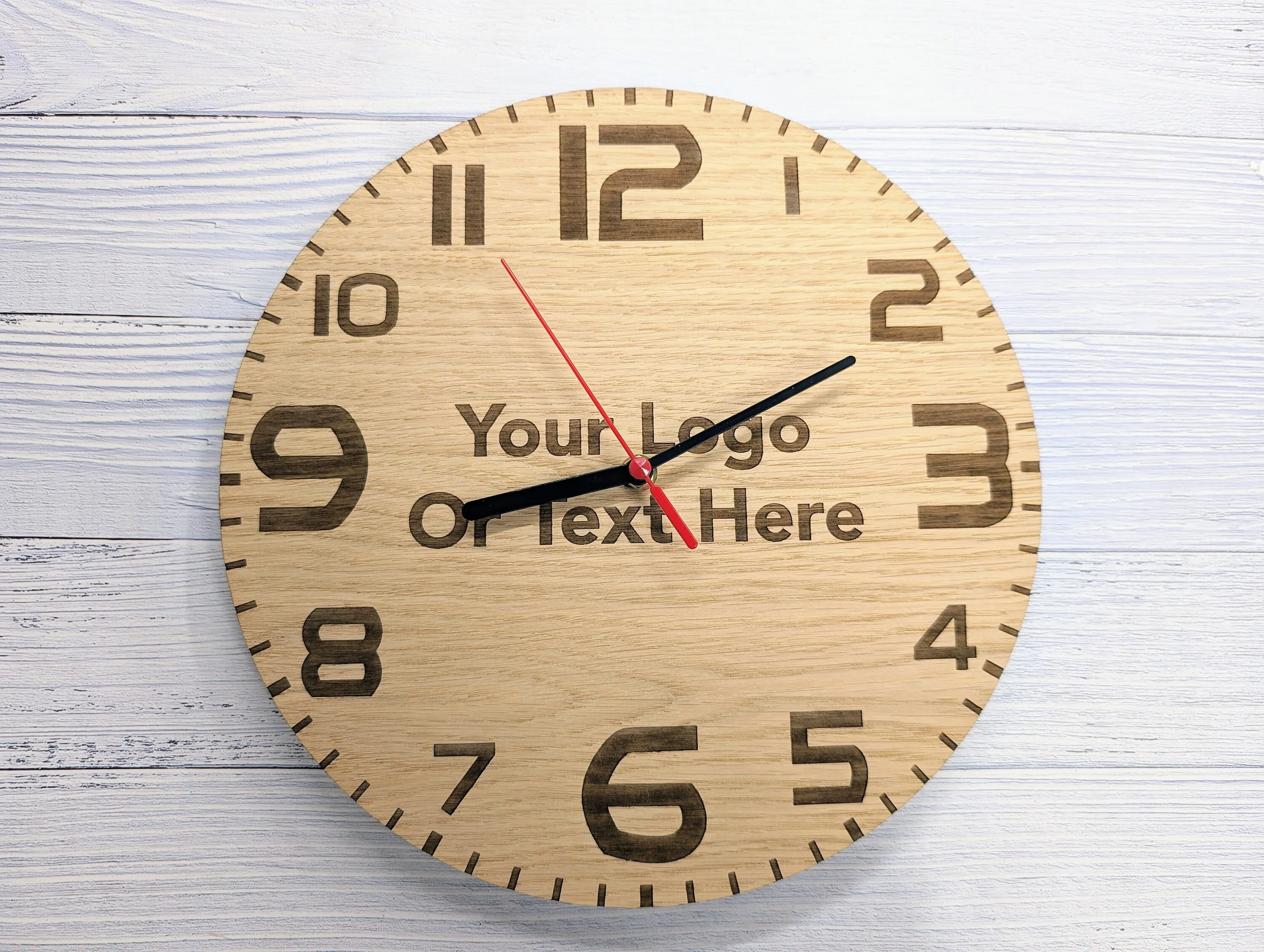 Engraved Oak Veneer Clock: Personalised Text & Logo, 30cm - Image 6