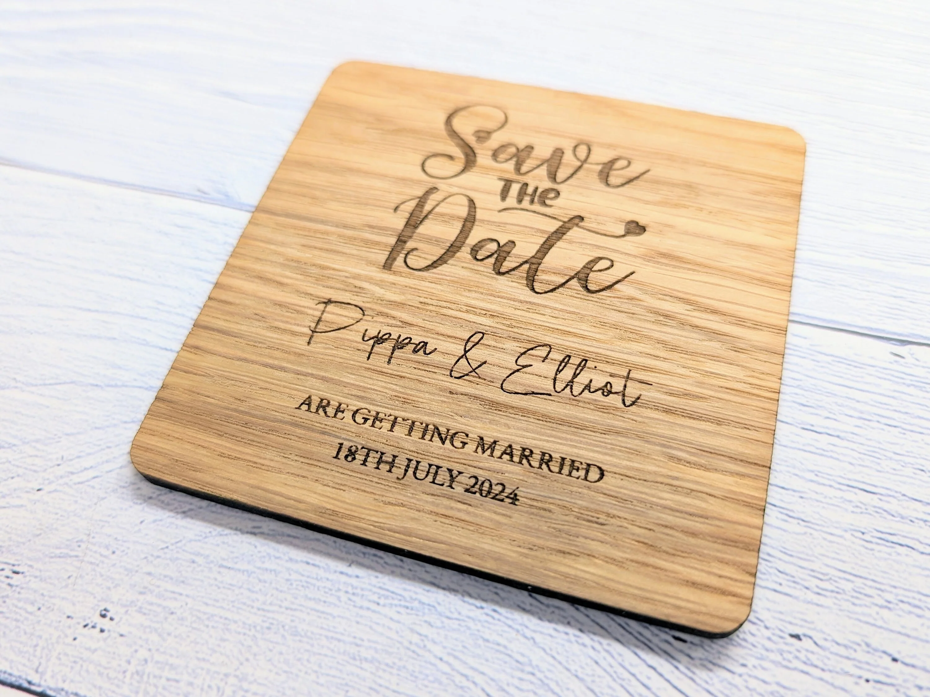 Bespoke 'Save The Date' Oak Veneered Coasters - Custom with Names & Date, 90mm x 90mm, Unique Personalised Wooden Wedding Favours - Image 5