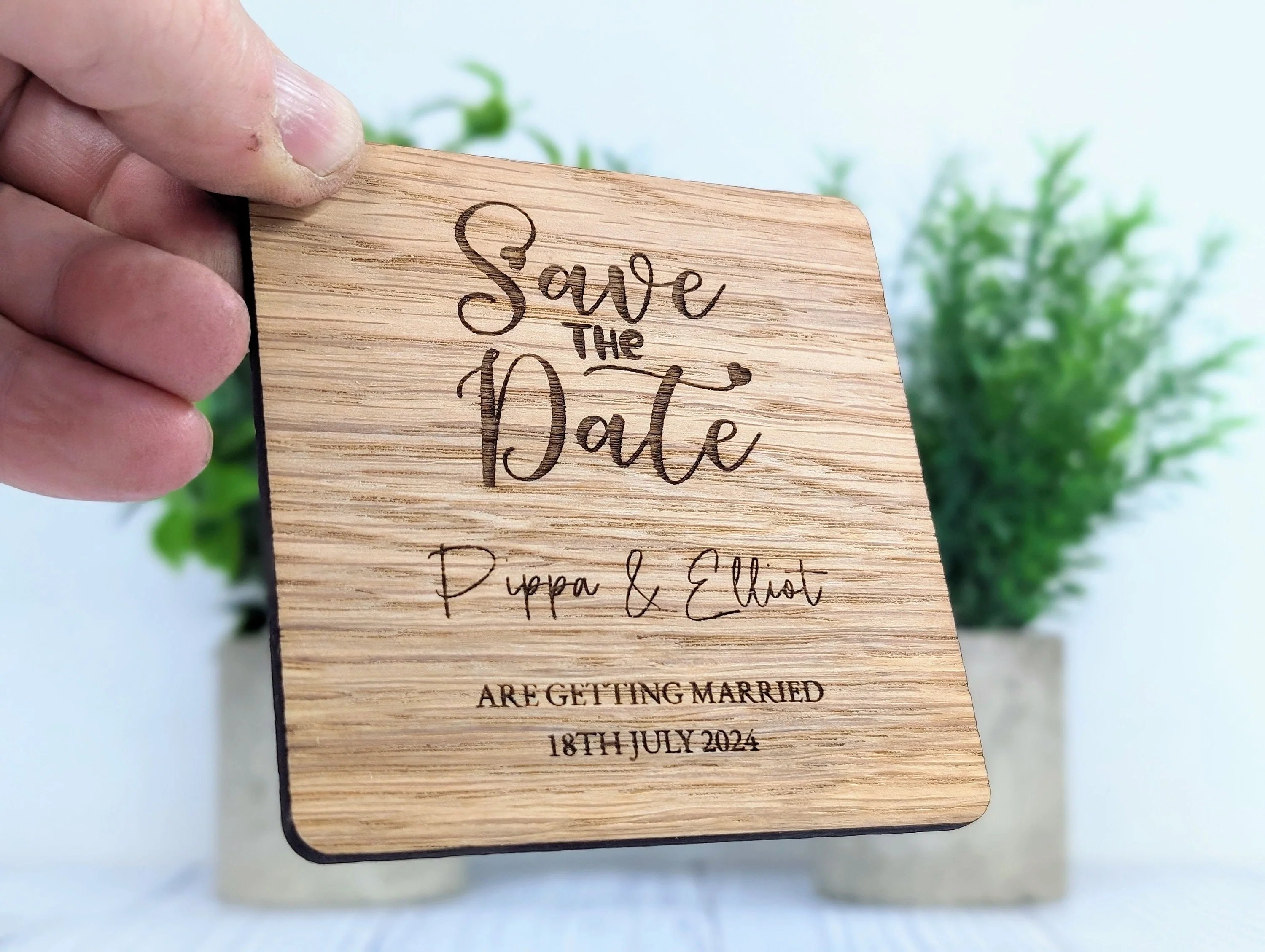 Bespoke 'Save The Date' Oak Veneered Coasters - Custom with Names & Date, 90mm x 90mm, Unique Personalised Wooden Wedding Favours - Image 6