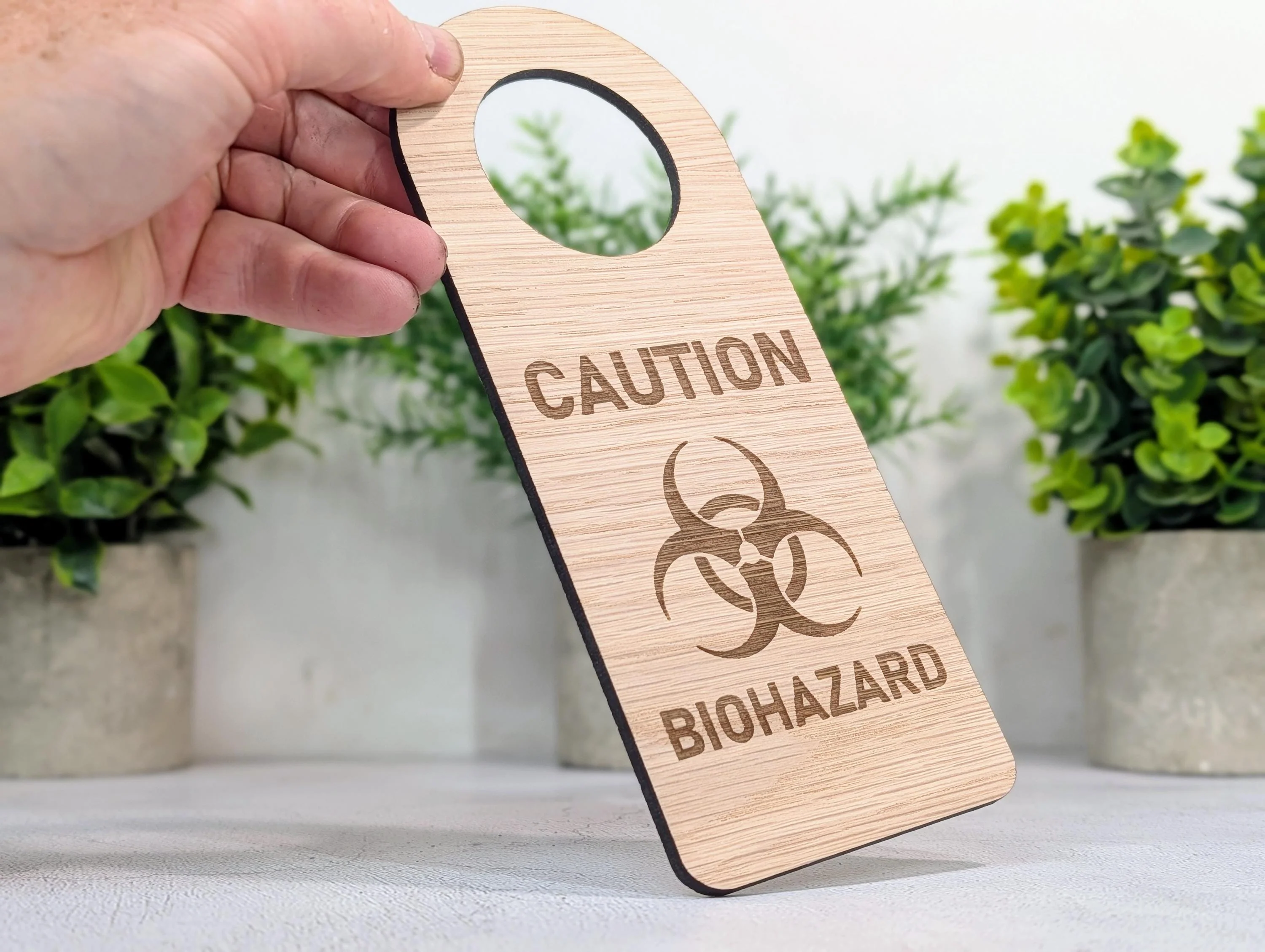 Caution Biohazard Door Hanger – Large Oak Veneered Safety Sign with Symbol, Hospital Lab Clinic Use, Handmade in Wales - Image 2