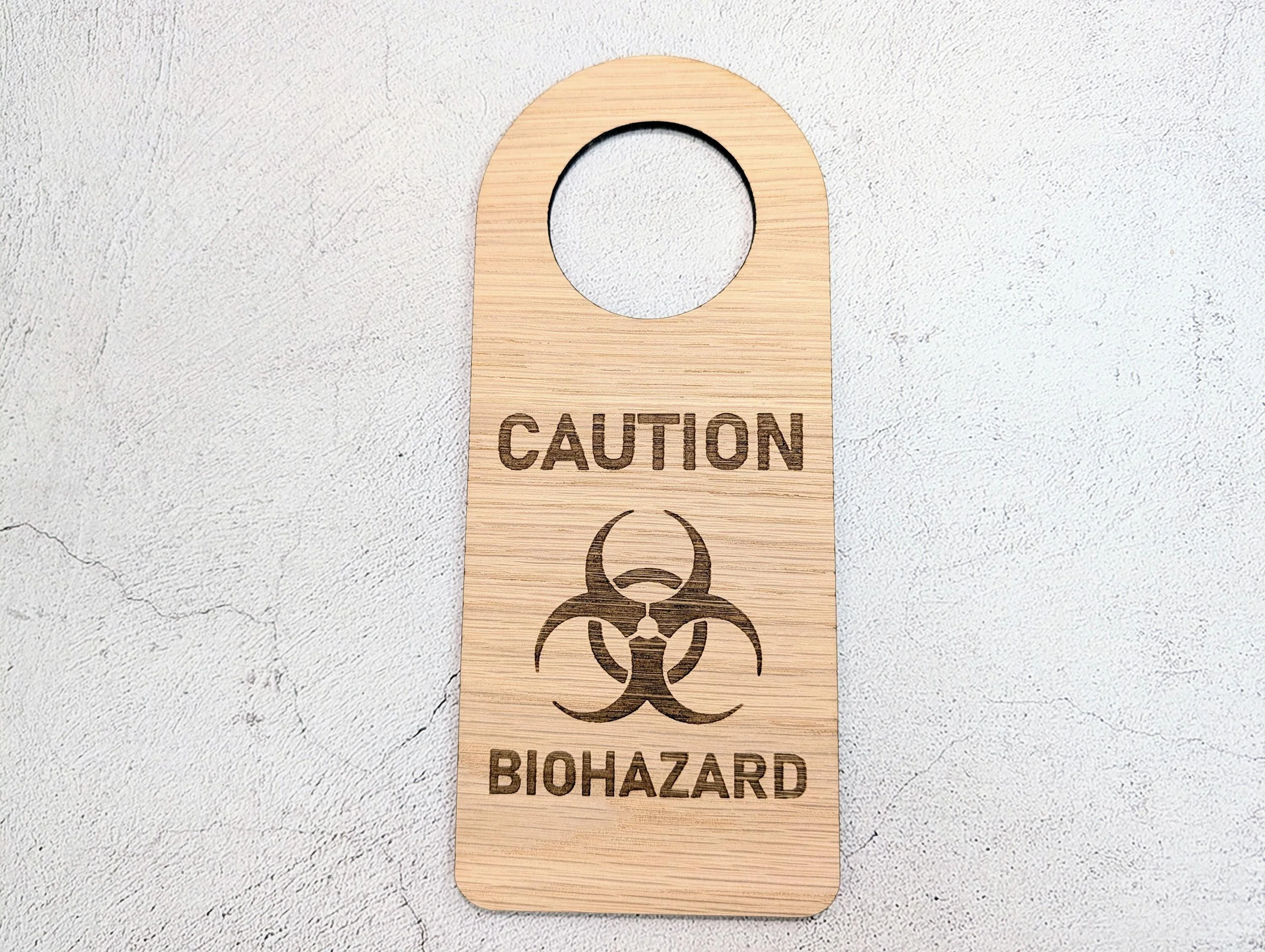 Caution Biohazard Door Hanger – Large Oak Veneered Safety Sign with Symbol, Hospital Lab Clinic Use, Handmade in Wales - Image 3
