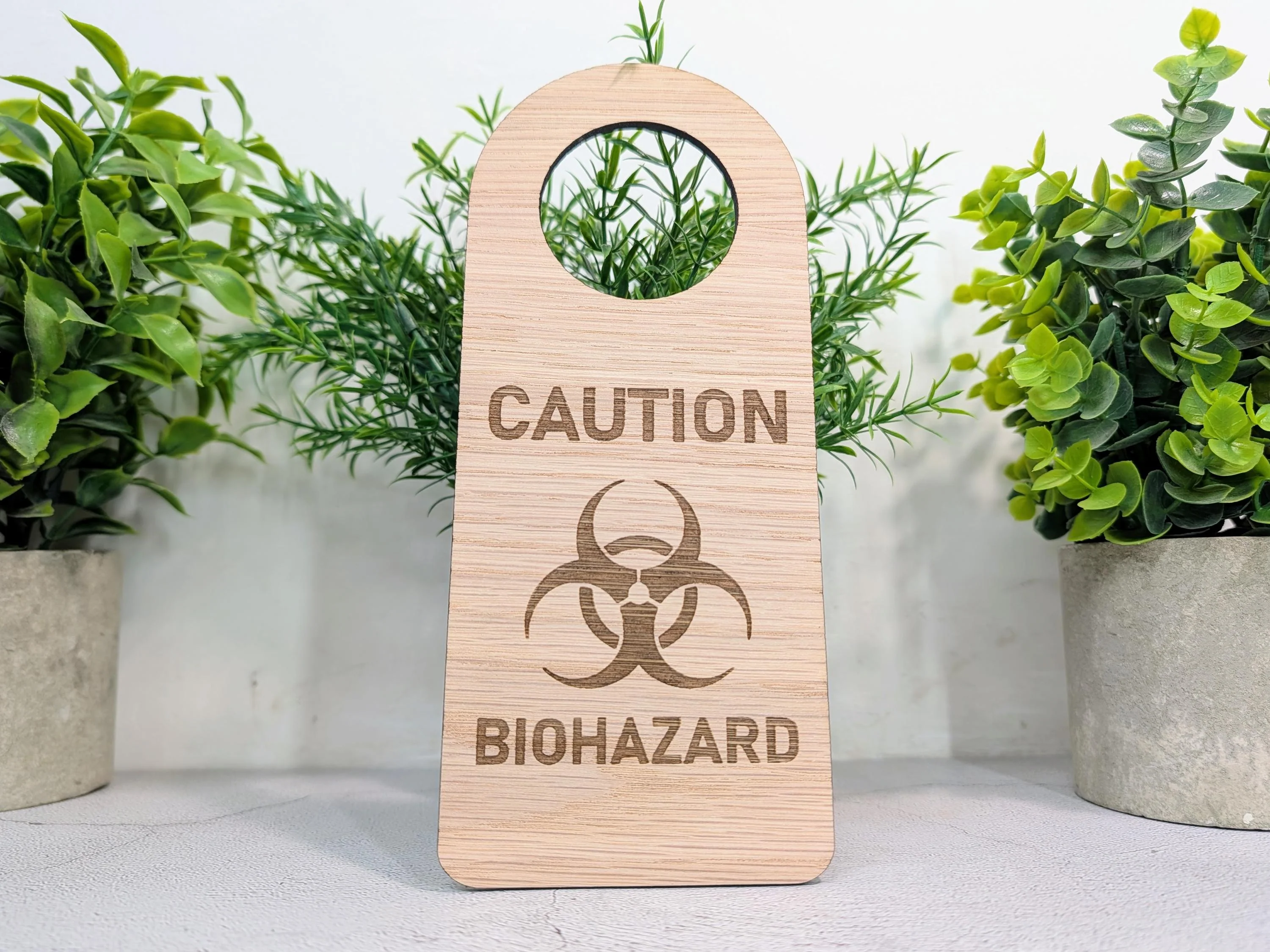 Caution Biohazard Door Hanger – Large Oak Veneered Safety Sign with Symbol, Hospital Lab Clinic Use, Handmade in Wales - Image 5