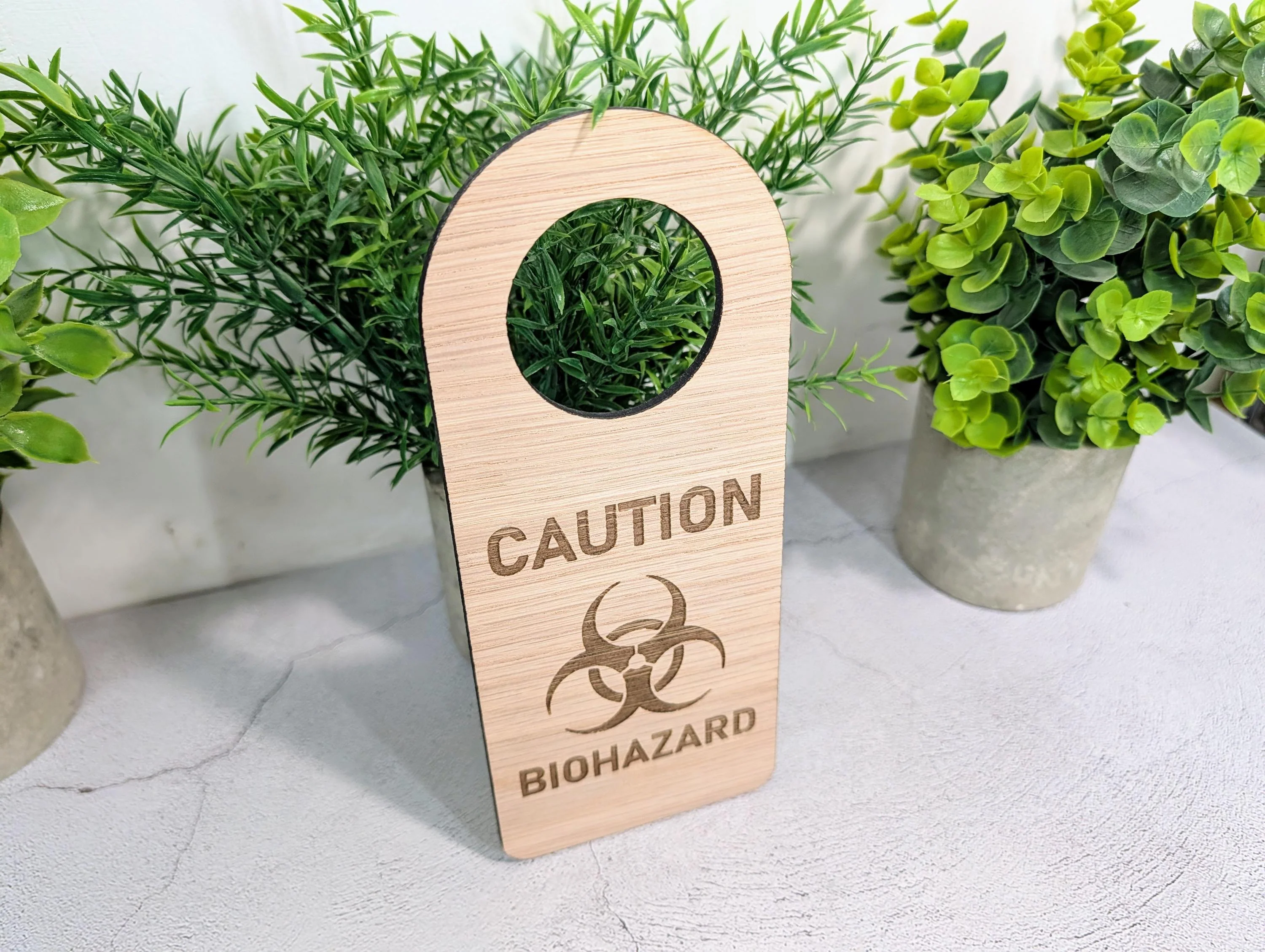 Caution Biohazard Door Hanger – Large Oak Veneered Safety Sign with Symbol, Hospital Lab Clinic Use, Handmade in Wales - Image 6