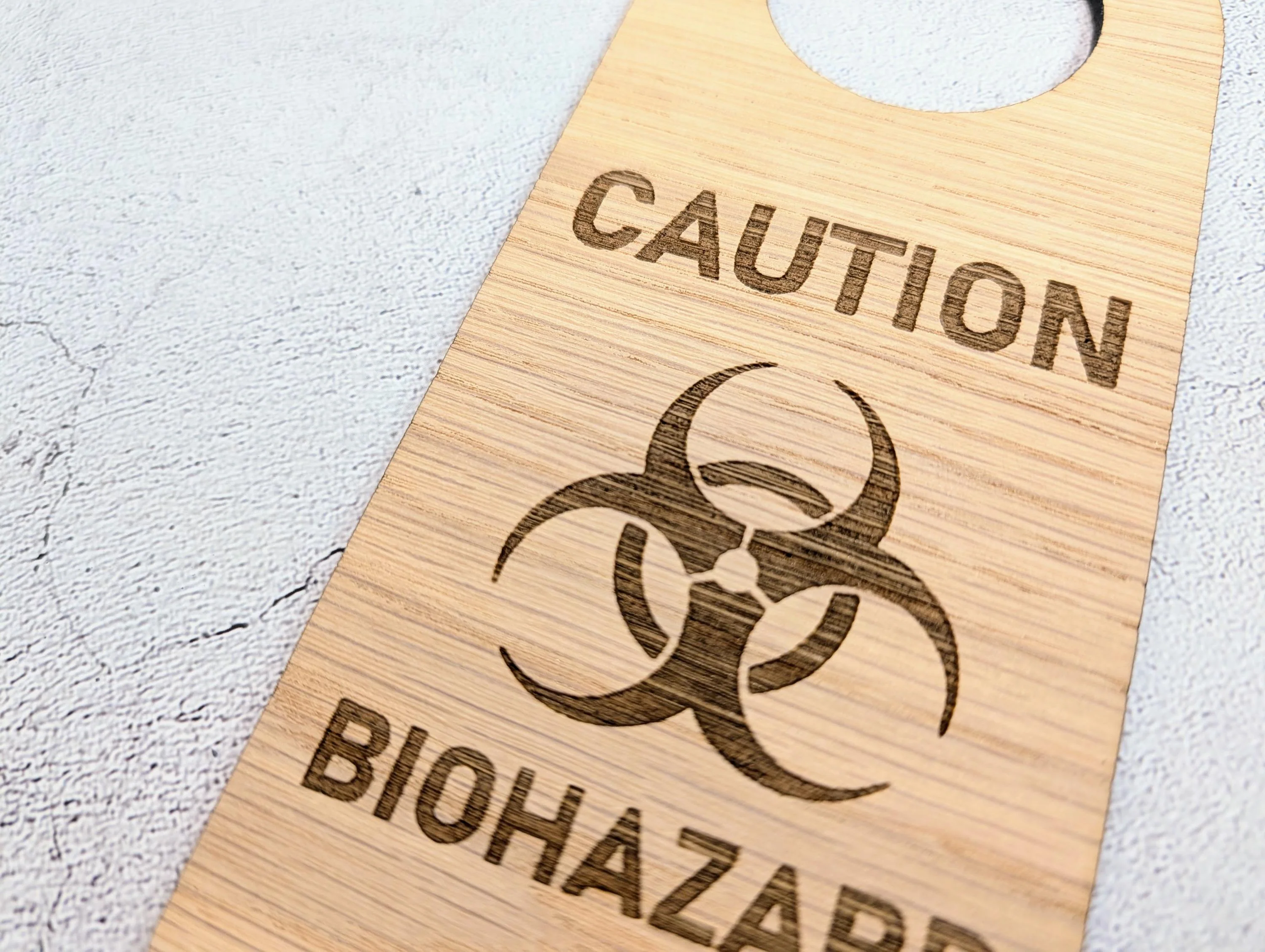 Caution Biohazard Door Hanger – Large Oak Veneered Safety Sign with Symbol, Hospital Lab Clinic Use, Handmade in Wales - Image 7