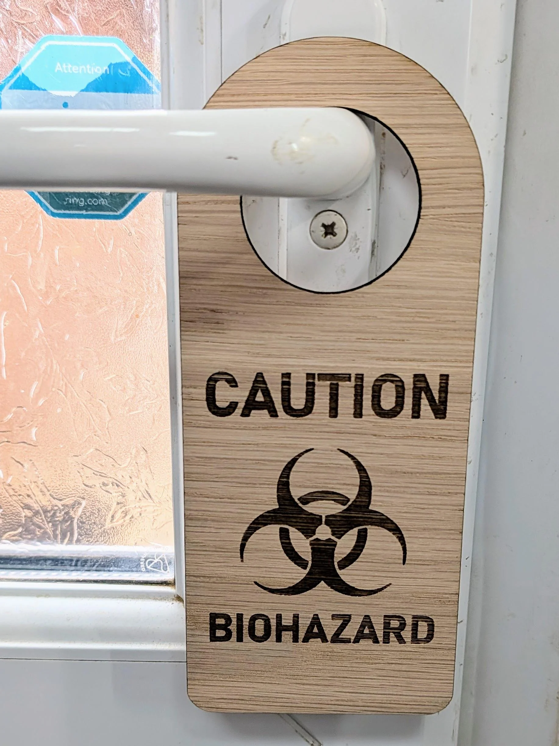 Caution Biohazard Door Hanger – Large Oak Veneered Safety Sign with Symbol, Hospital Lab Clinic Use, Handmade in Wales - Image 8