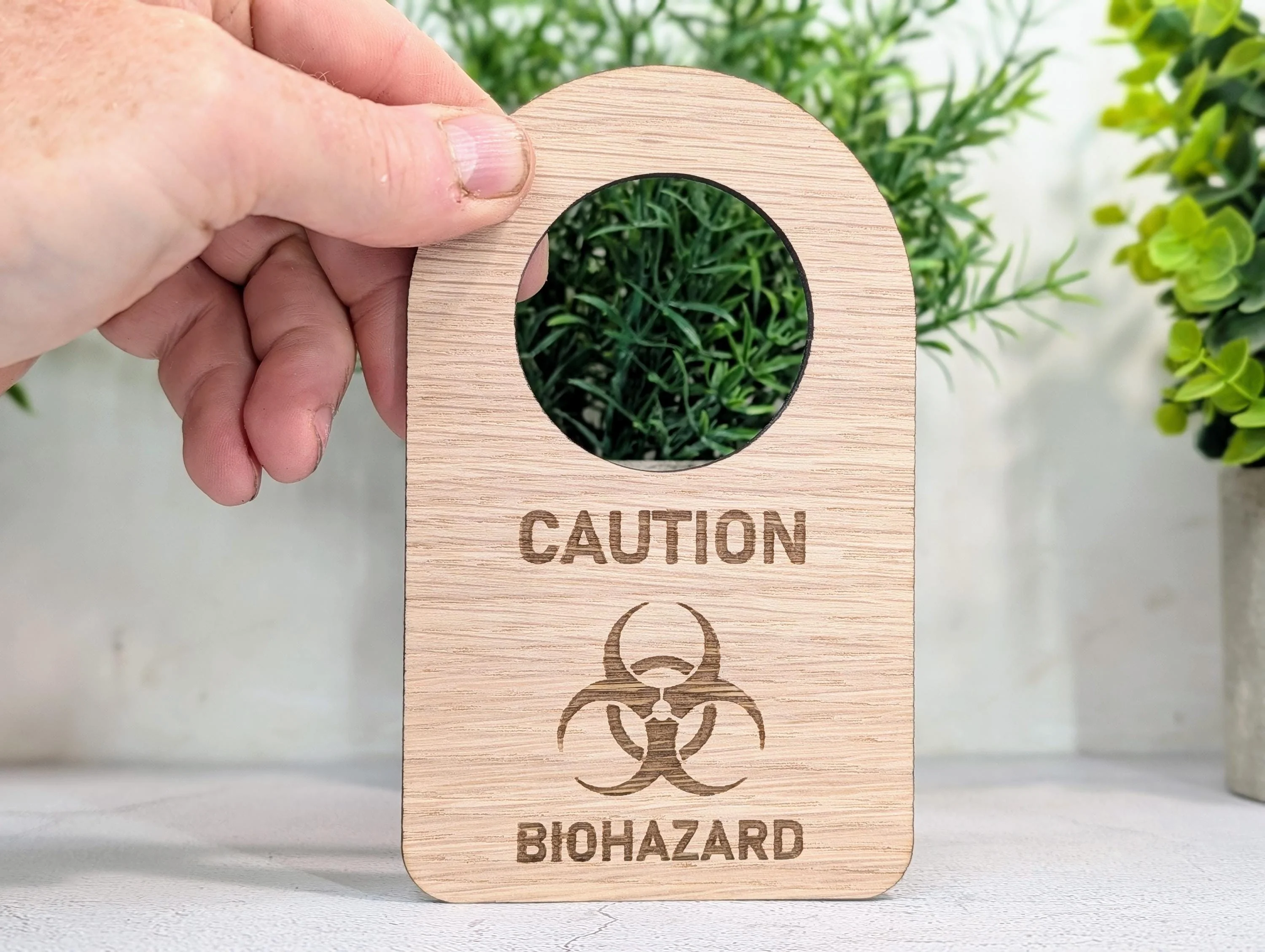 Caution Biohazard Door Hanger – Oak Veneered Sign with Symbol, Indoor Use Only, Plastic-Free Packaging,  Handmade from Wood
