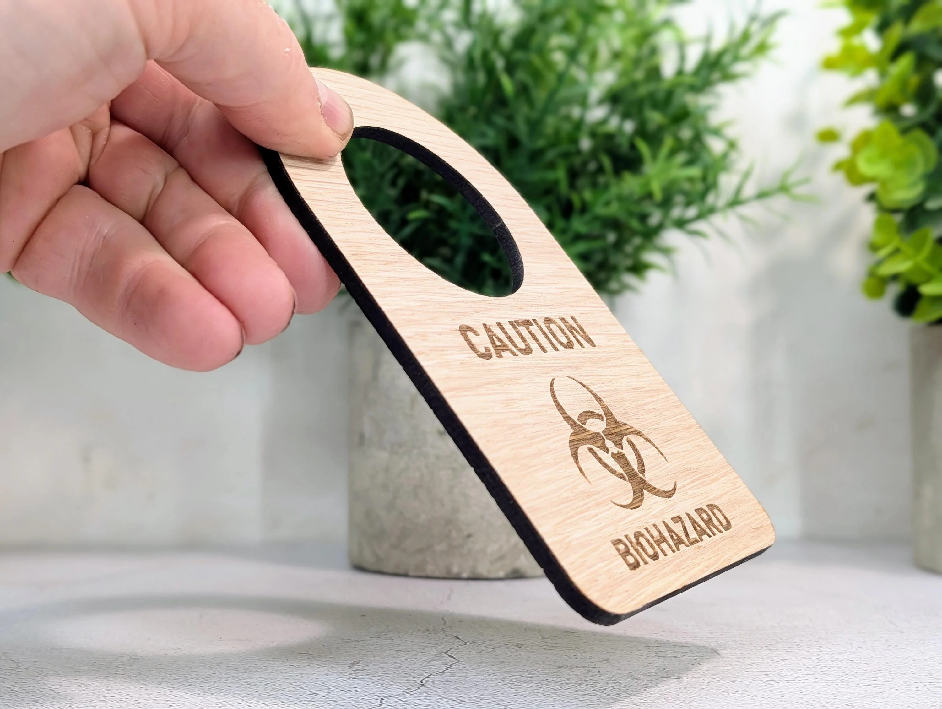 Caution Biohazard Door Hanger – Oak Veneered Sign with Symbol, Indoor Use Only, Plastic-Free Packaging,  Handmade from Wood - Image 2