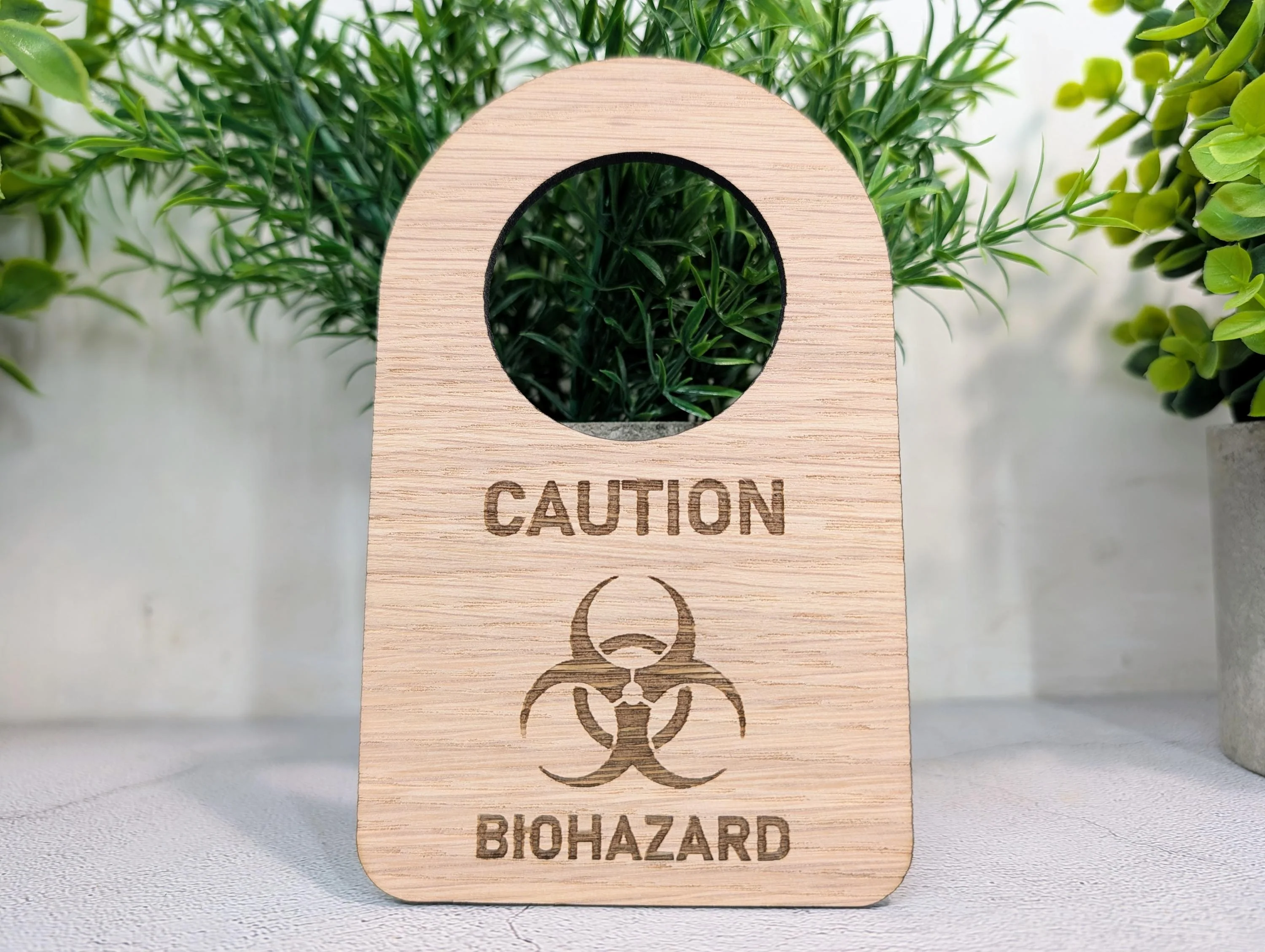 Caution Biohazard Door Hanger – Oak Veneered Sign with Symbol, Indoor Use Only, Plastic-Free Packaging,  Handmade from Wood - Image 4