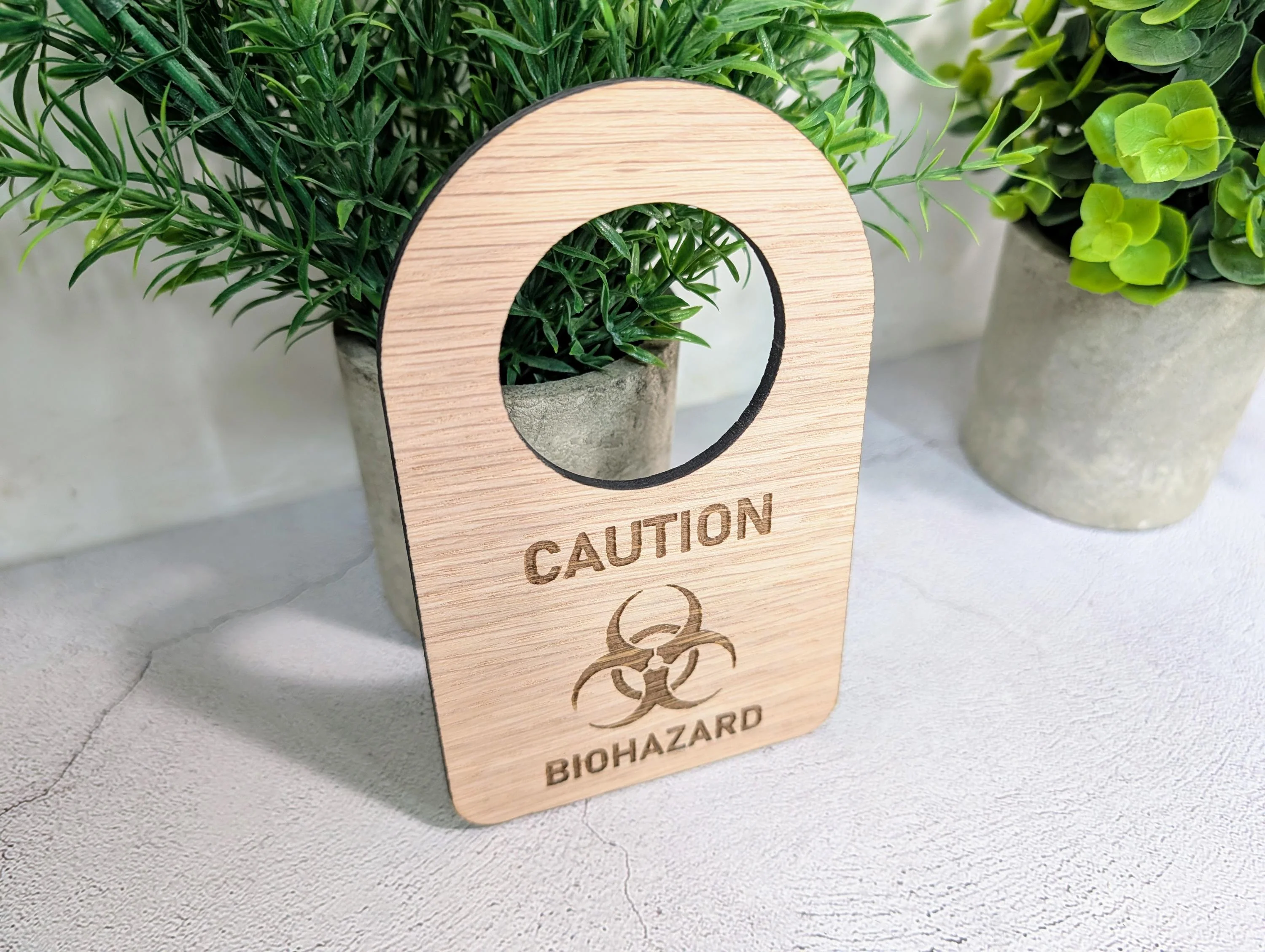Caution Biohazard Door Hanger – Oak Veneered Sign with Symbol, Indoor Use Only, Plastic-Free Packaging,  Handmade from Wood - Image 5
