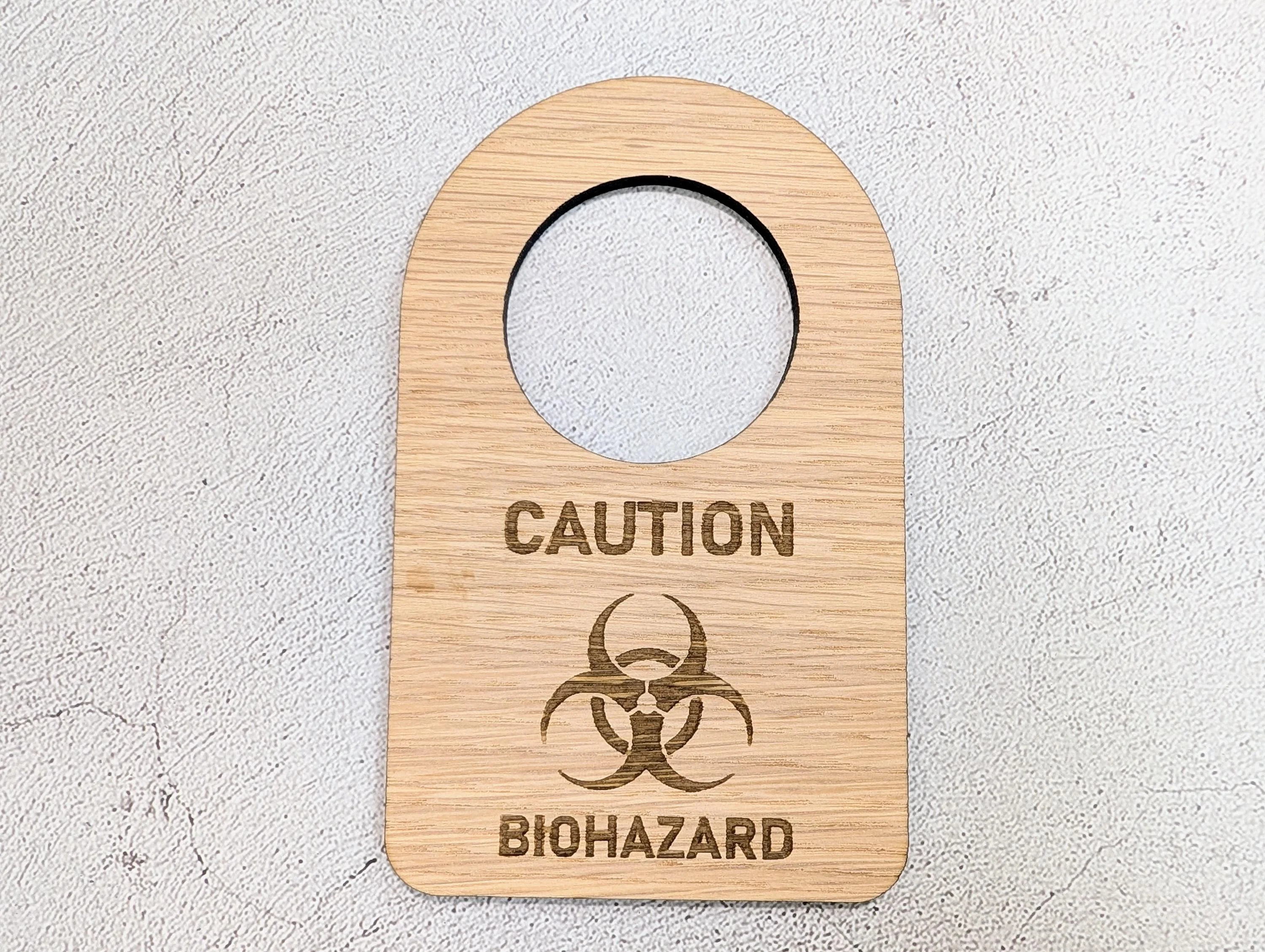 Caution Biohazard Door Hanger – Oak Veneered Sign with Symbol, Indoor Use Only, Plastic-Free Packaging,  Handmade from Wood - Image 6
