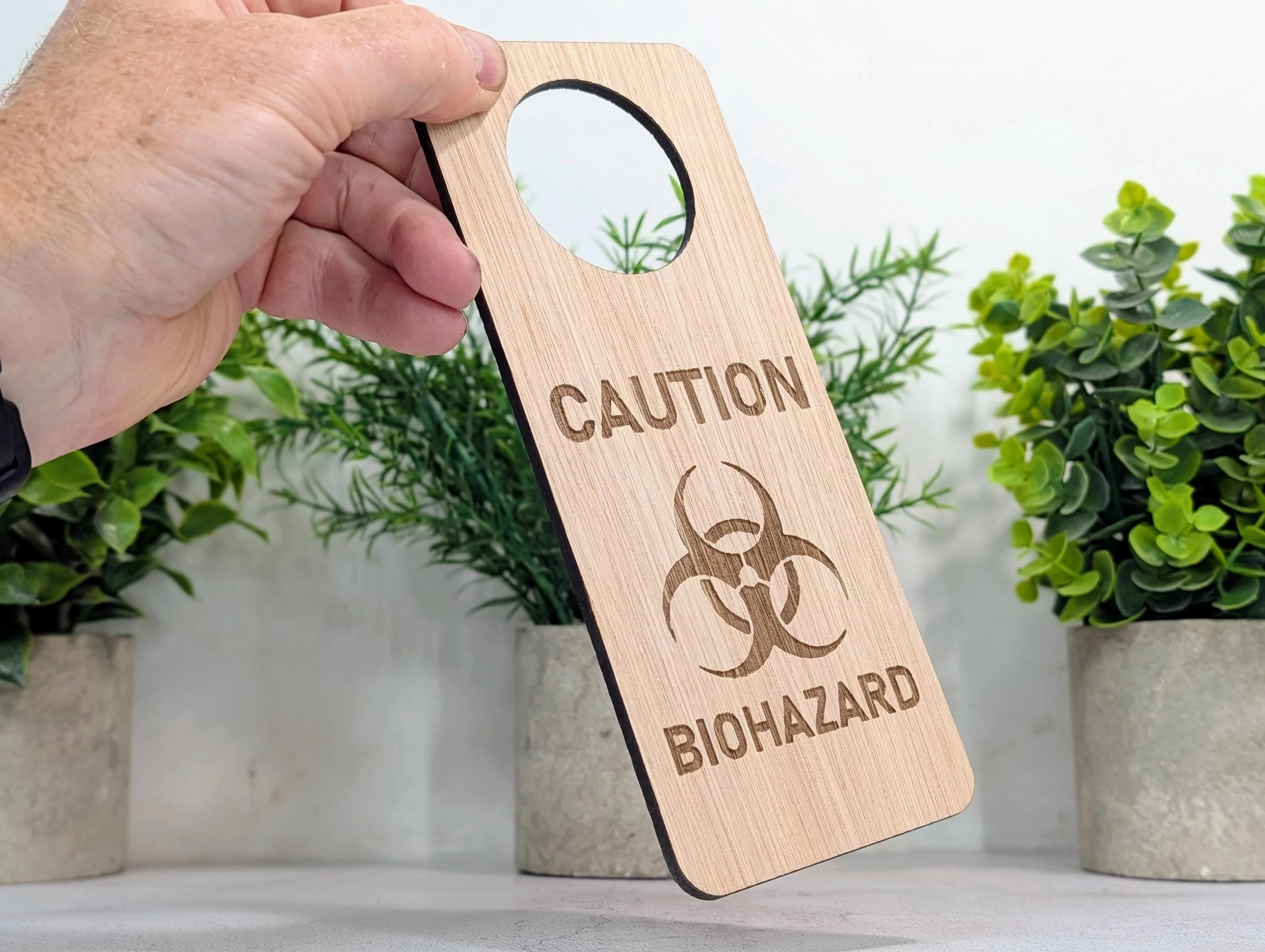 Caution Biohazard Door Hanger – Tall Oak Veneered Safety Sign, Wooden Single Sided, Handmade in Wales, Eco Packaging - Image 2