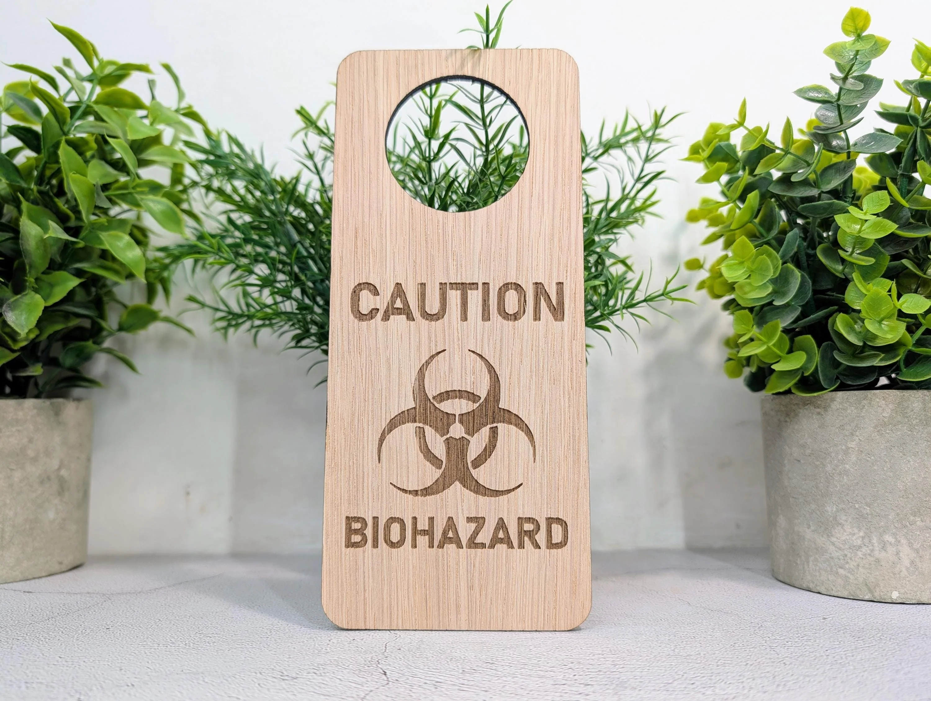 Caution Biohazard Door Hanger – Tall Oak Veneered Safety Sign, Wooden Single Sided, Handmade in Wales, Eco Packaging - Image 4