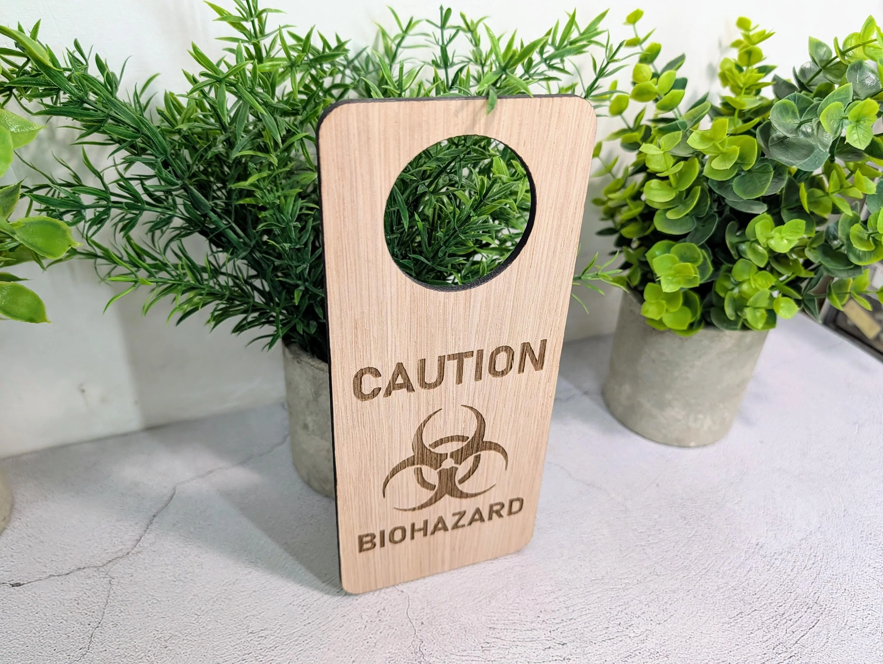 Caution Biohazard Door Hanger – Tall Oak Veneered Safety Sign, Wooden Single Sided, Handmade in Wales, Eco Packaging - Image 5