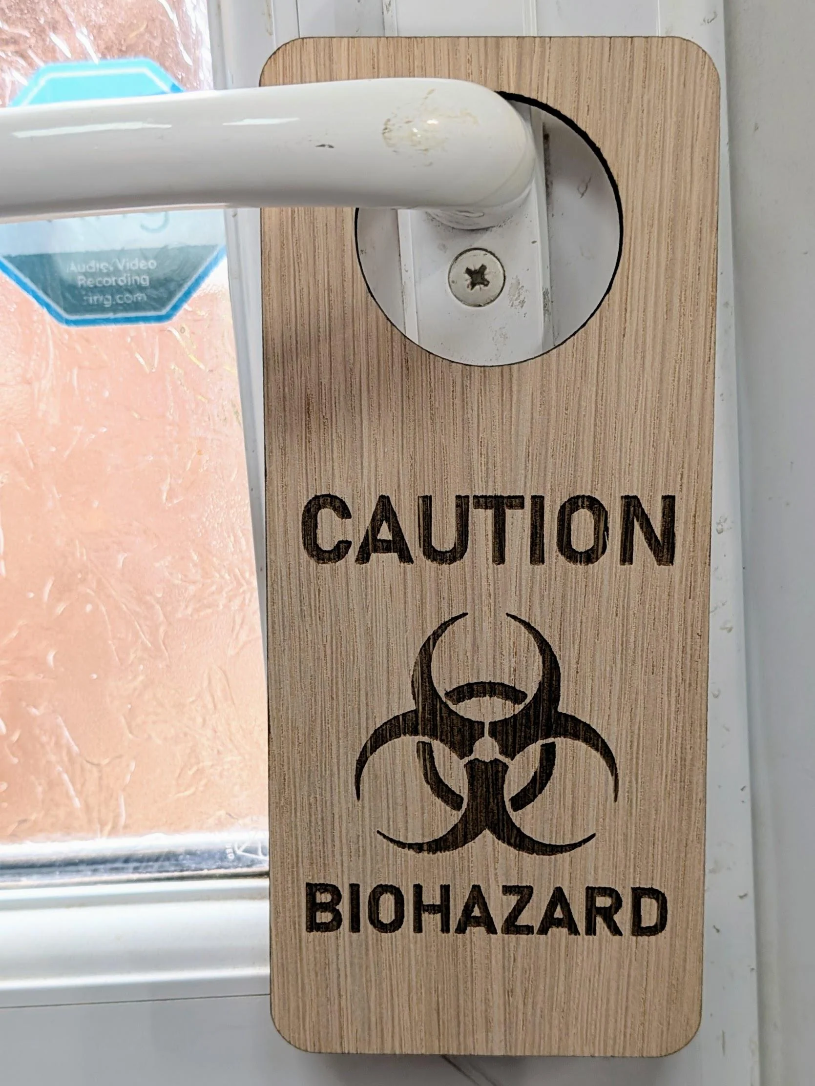 Caution Biohazard Door Hanger – Tall Oak Veneered Safety Sign, Wooden Single Sided, Handmade in Wales, Eco Packaging - Image 6
