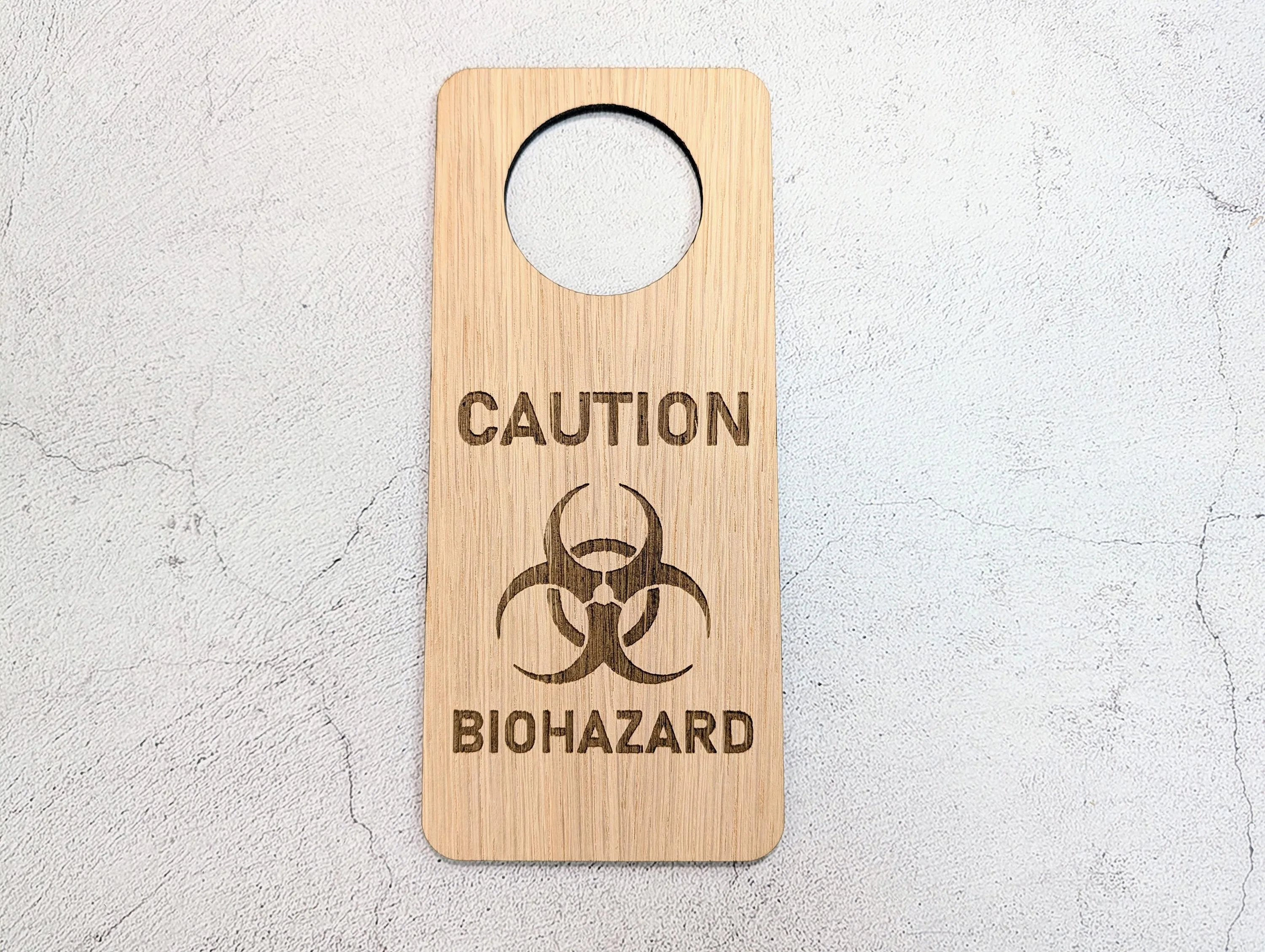 Caution Biohazard Door Hanger – Tall Oak Veneered Safety Sign, Wooden Single Sided, Handmade in Wales, Eco Packaging - Image 7