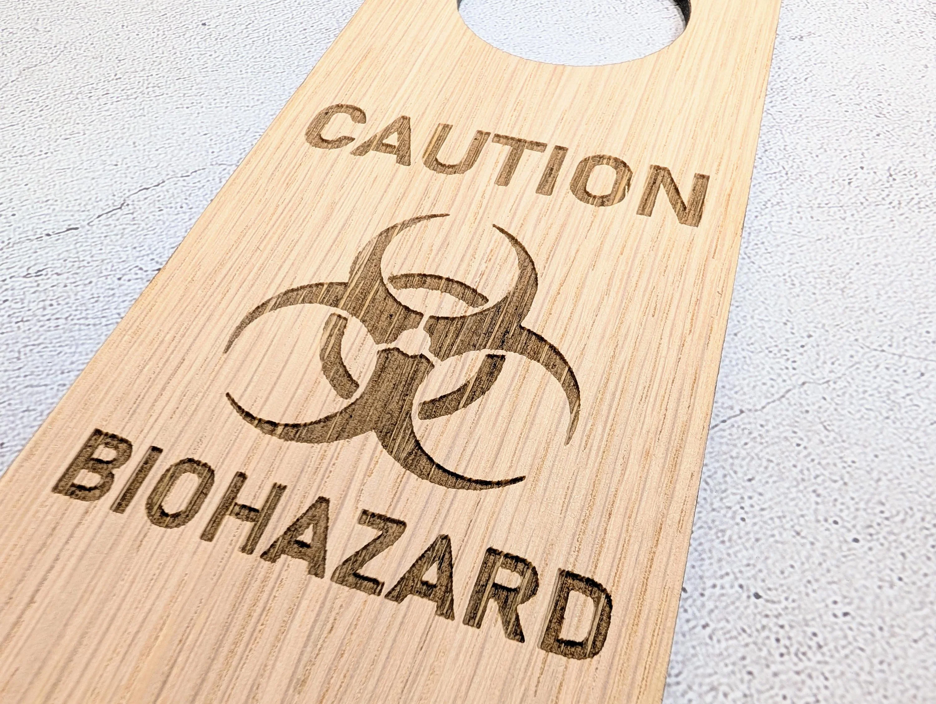 Caution Biohazard Door Hanger – Tall Oak Veneered Safety Sign, Wooden Single Sided, Handmade in Wales, Eco Packaging - Image 9