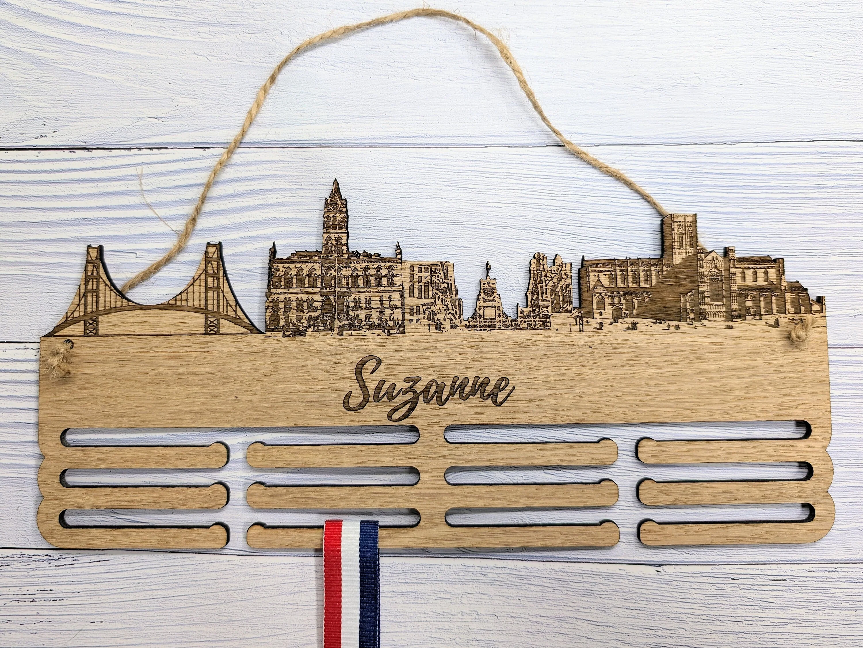 Chester Skyline Wooden Medal Hanger – Personalise with Your Name | Eco-Friendly Wood | Celebrating Chester’s Landmarks, Marathon, Ultra - Image 3