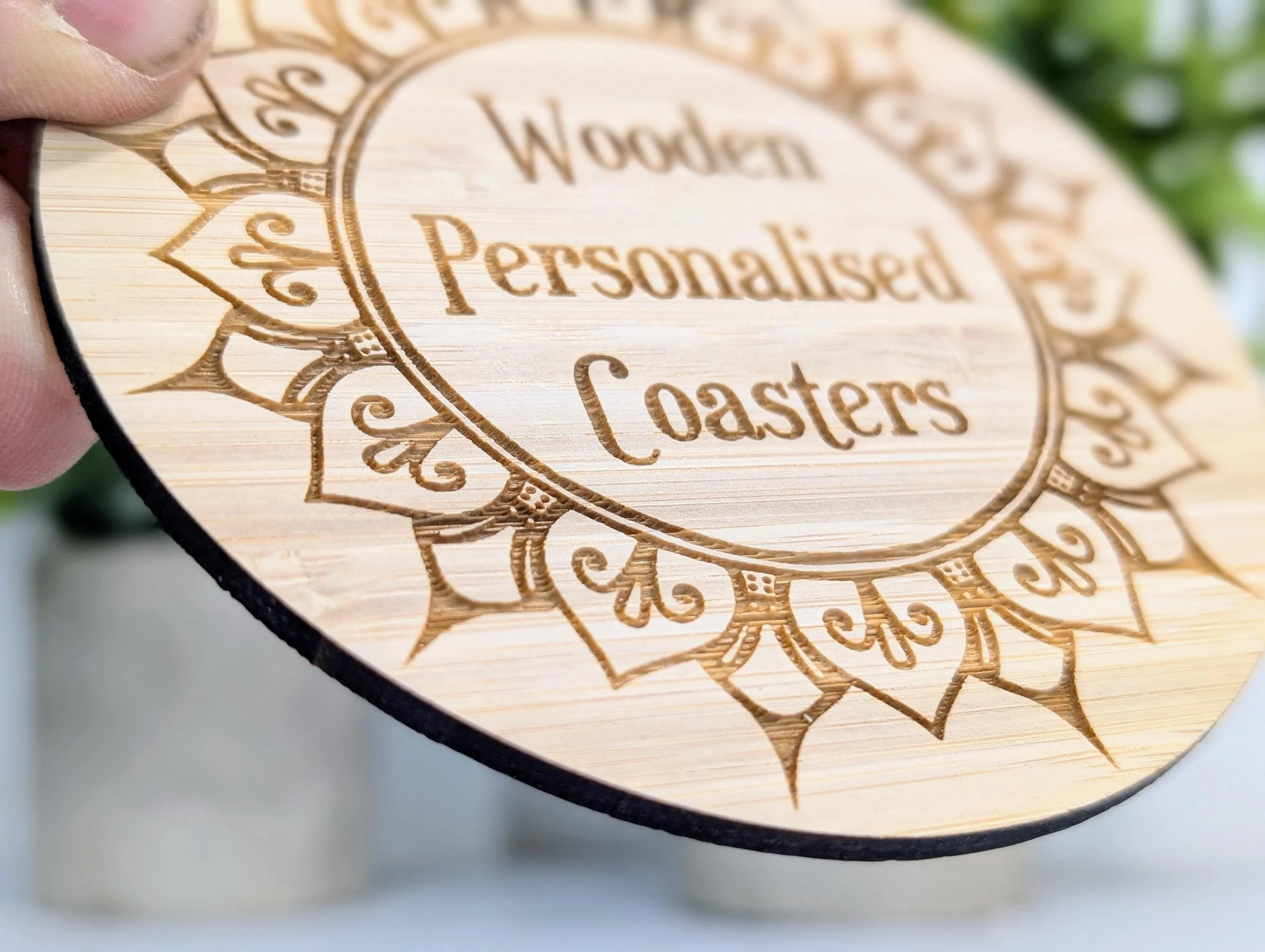 Custom Bamboo Coasters – Eco-Friendly Gift, Personalised Text, Engraved Border – Bespoke Sustainable Craft, 100mm Diameter, Coffee & Tea - Image 3