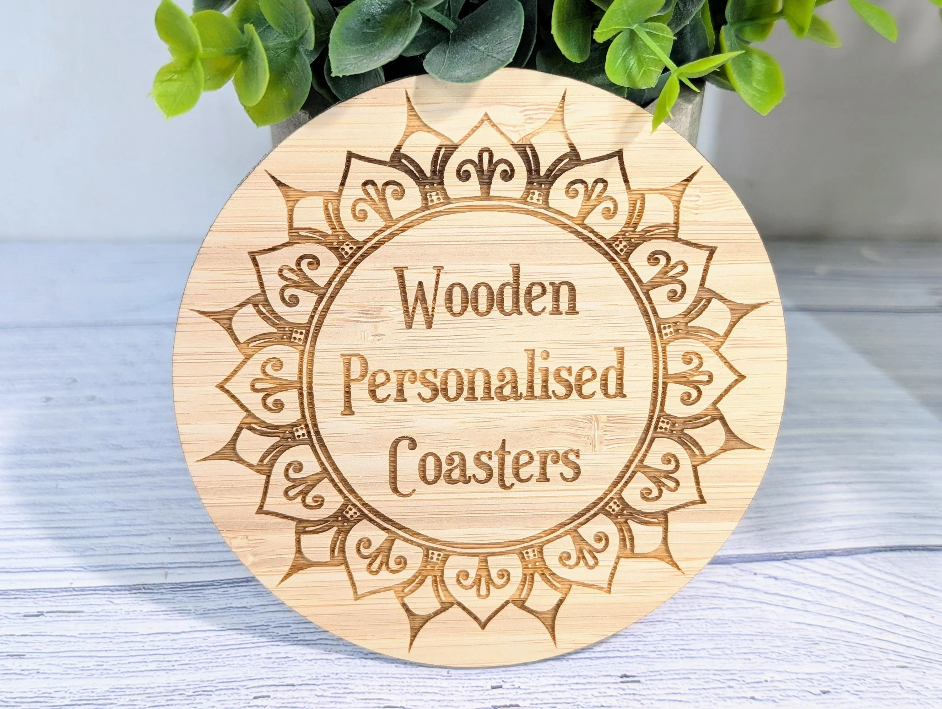 Custom Bamboo Coasters – Eco-Friendly Gift, Personalised Text, Engraved Border – Bespoke Sustainable Craft, 100mm Diameter, Coffee & Tea - Image 4