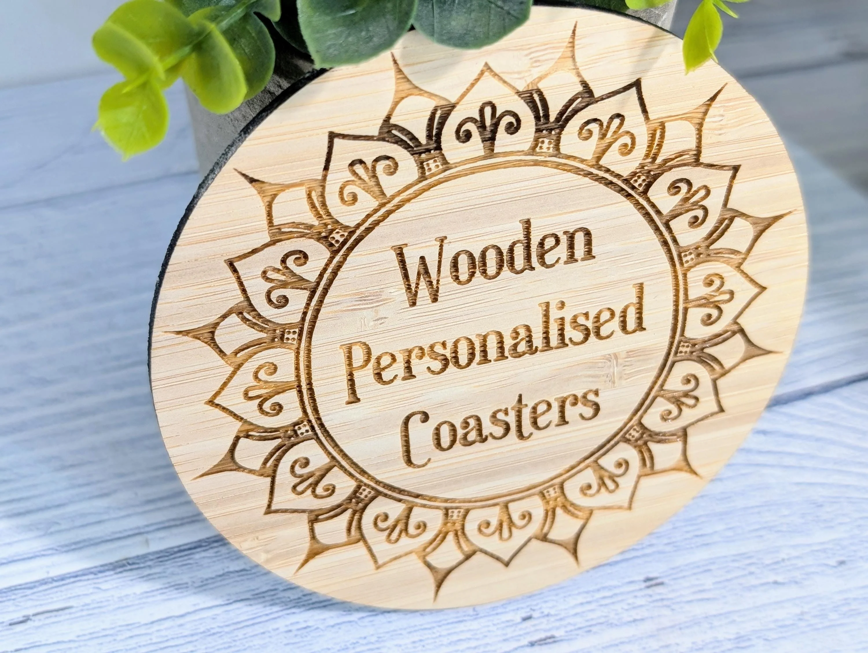 Custom Bamboo Coasters – Eco-Friendly Gift, Personalised Text, Engraved Border – Bespoke Sustainable Craft, 100mm Diameter, Coffee & Tea - Image 5