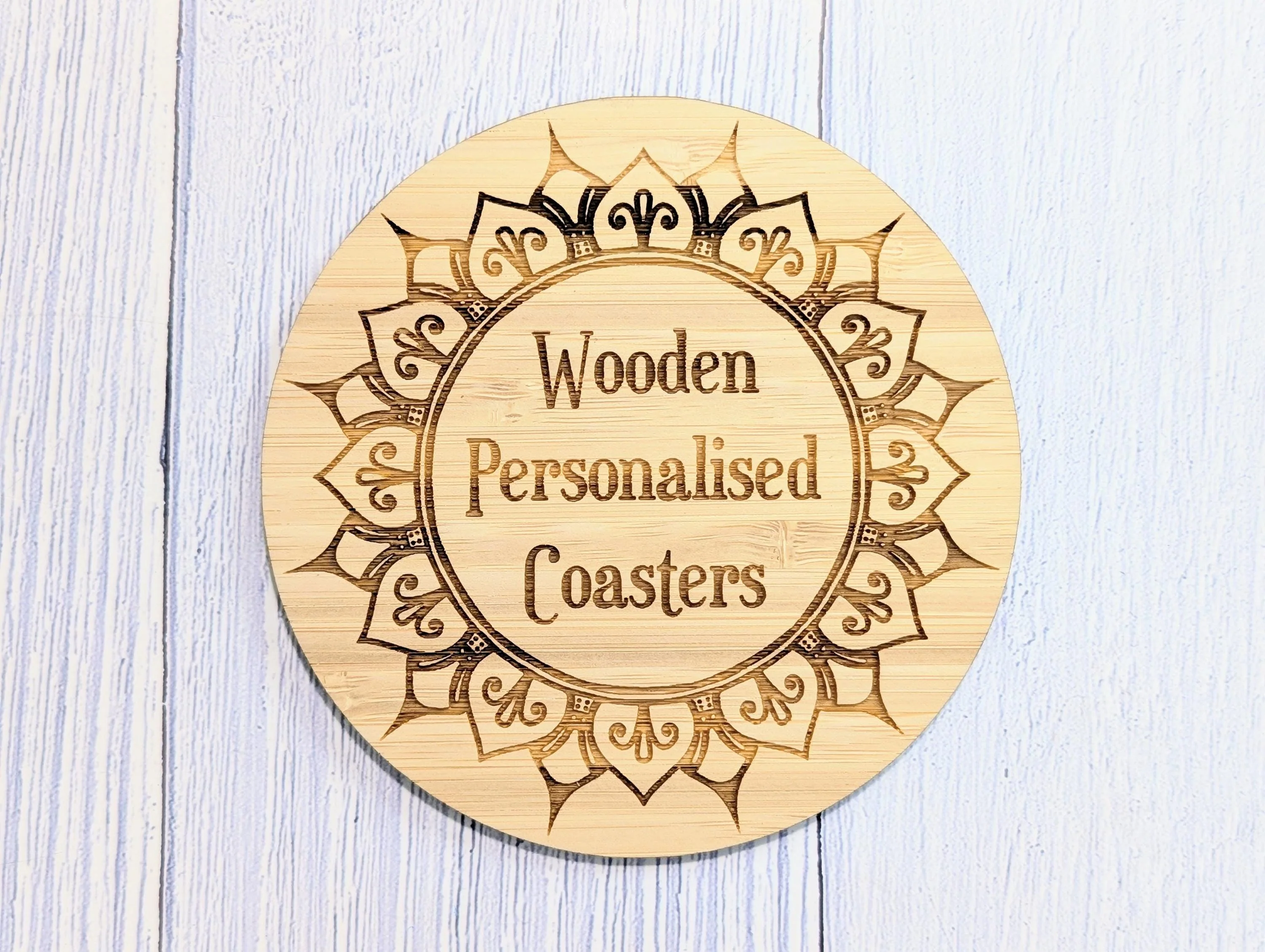 Custom Bamboo Coasters – Eco-Friendly Gift, Personalised Text, Engraved Border – Bespoke Sustainable Craft, 100mm Diameter, Coffee & Tea - Image 7