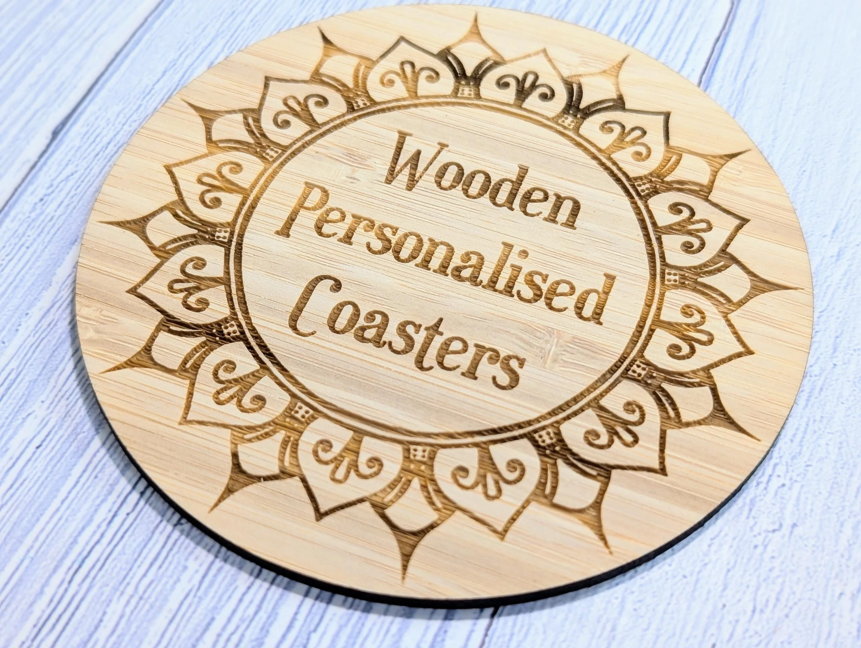 Custom Bamboo Coasters – Eco-Friendly Gift, Personalised Text, Engraved Border – Bespoke Sustainable Craft, 100mm Diameter, Coffee & Tea - Image 9