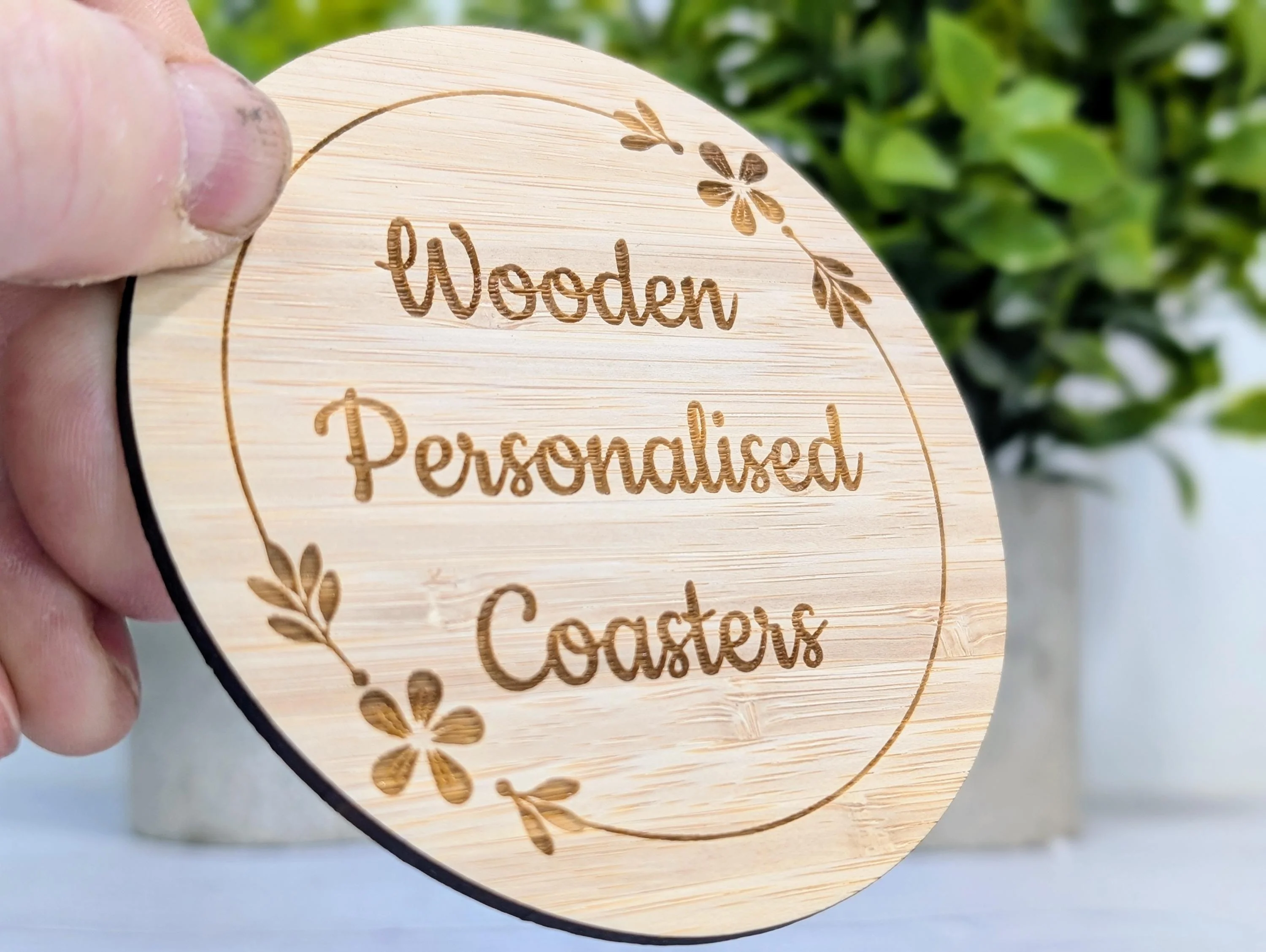 Custom Bamboo Coasters – Eco-Friendly Gift, Personalised Text, Engraved Border – Bespoke Sustainable Craft, 100mm Diameter, Coffee & Tea - Image 2