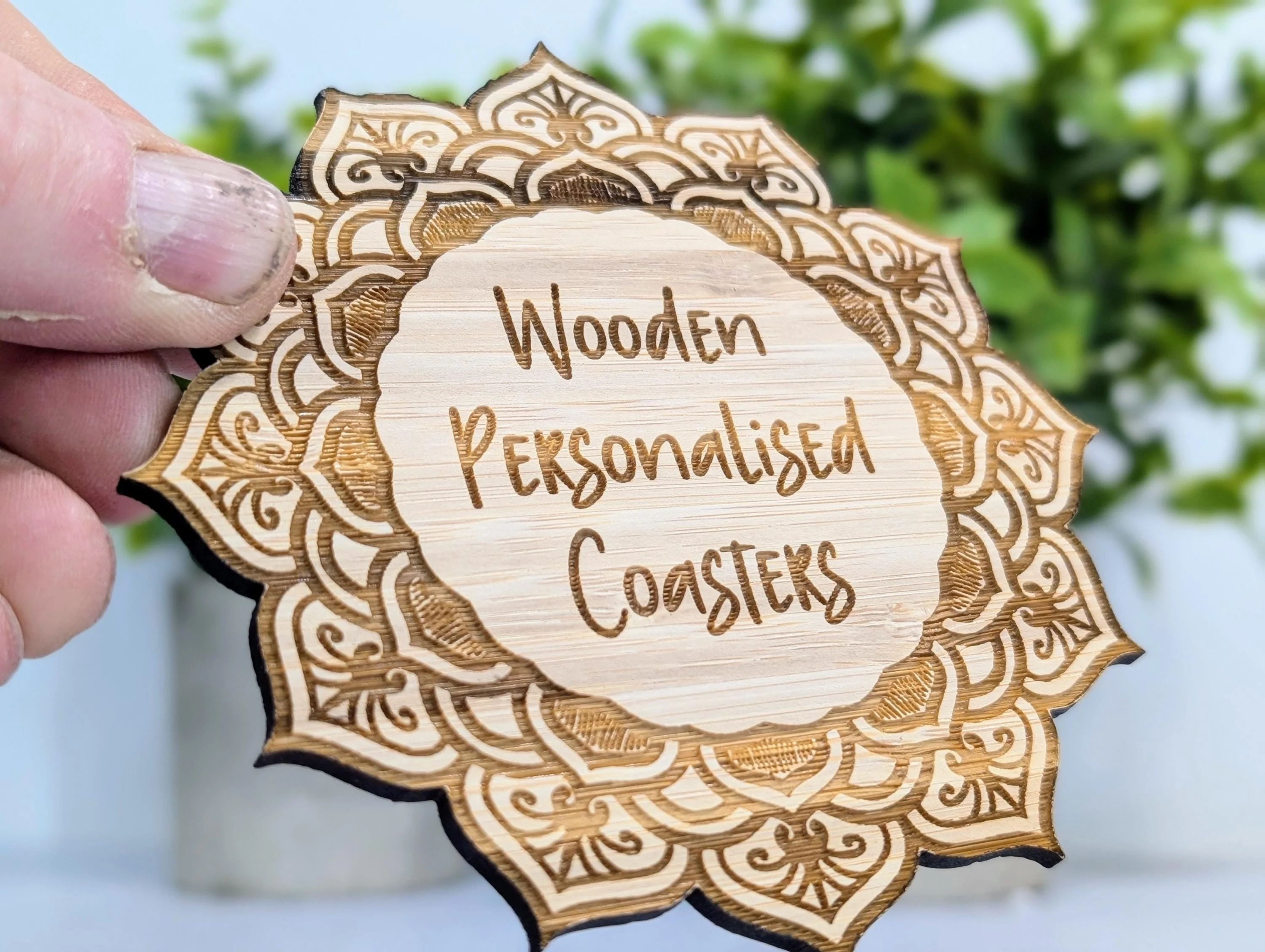 Custom Bamboo Mandala Coasters - Personalised Message Text – Eco-Friendly, Engraved Border – Bespoke Sustainable Craft, 110mm Diameter - Image 2