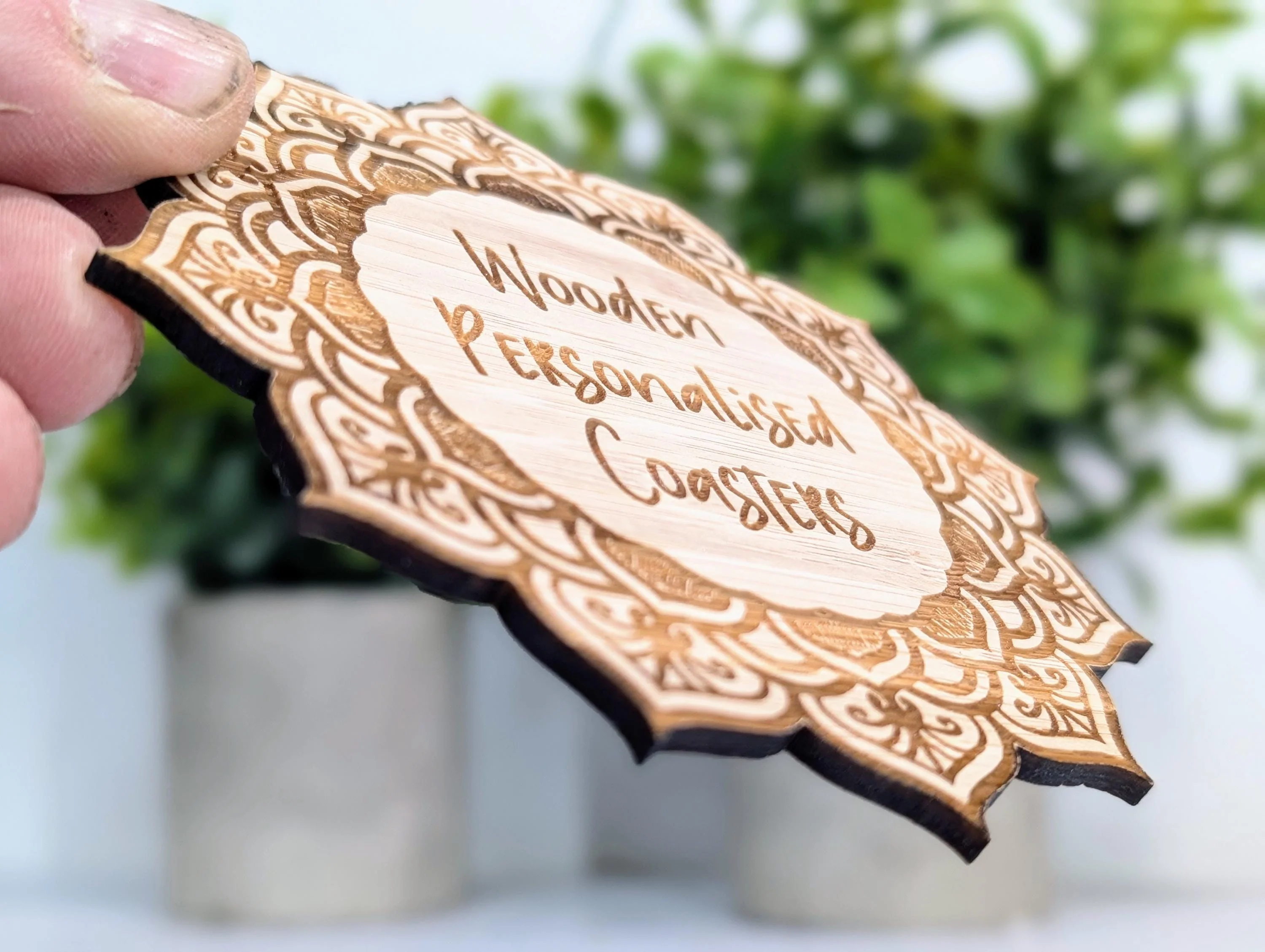 Custom Bamboo Mandala Coasters - Personalised Message Text – Eco-Friendly, Engraved Border – Bespoke Sustainable Craft, 110mm Diameter - Image 3