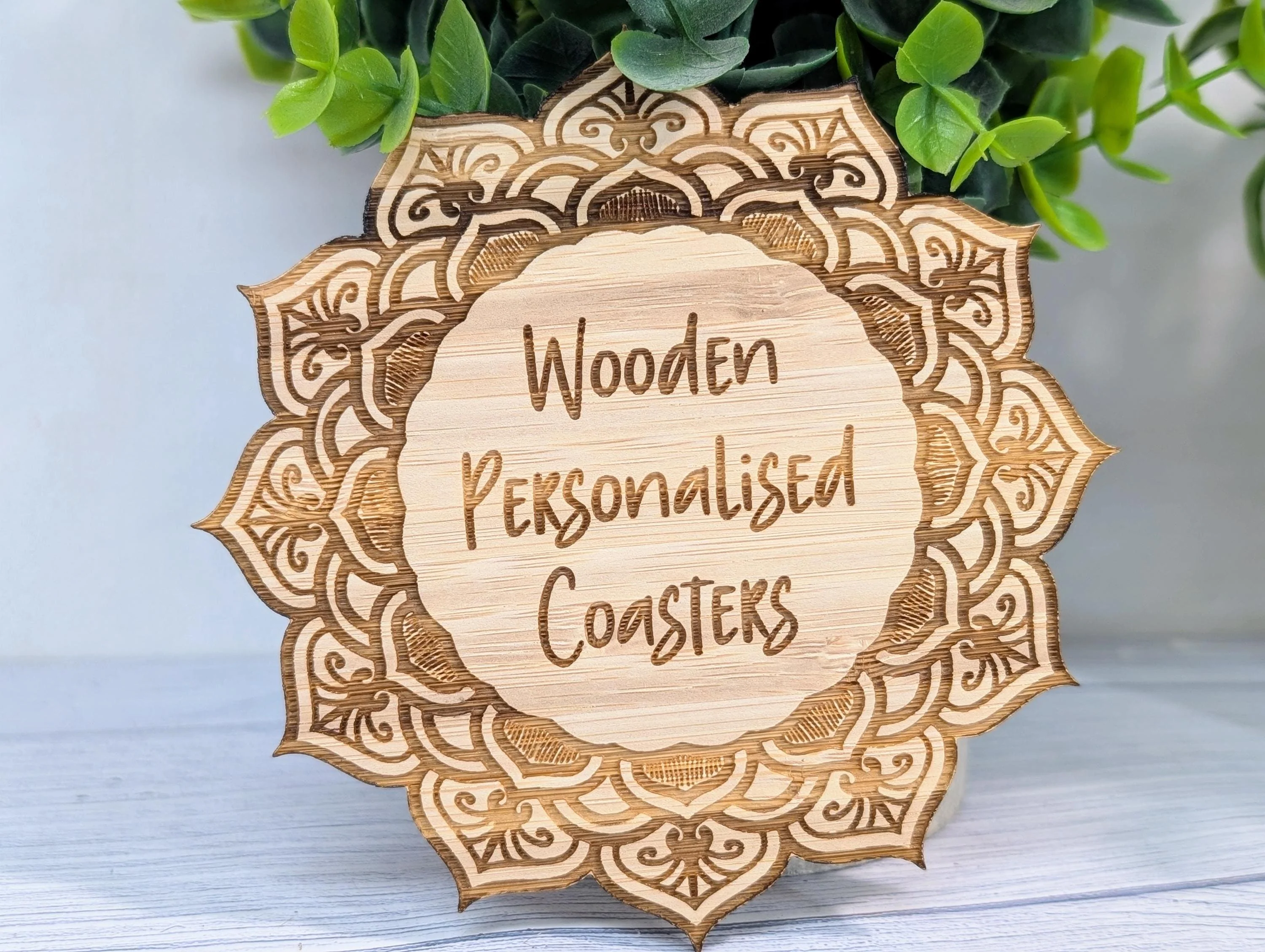 Custom Bamboo Mandala Coasters - Personalised Message Text – Eco-Friendly, Engraved Border – Bespoke Sustainable Craft, 110mm Diameter - Image 4