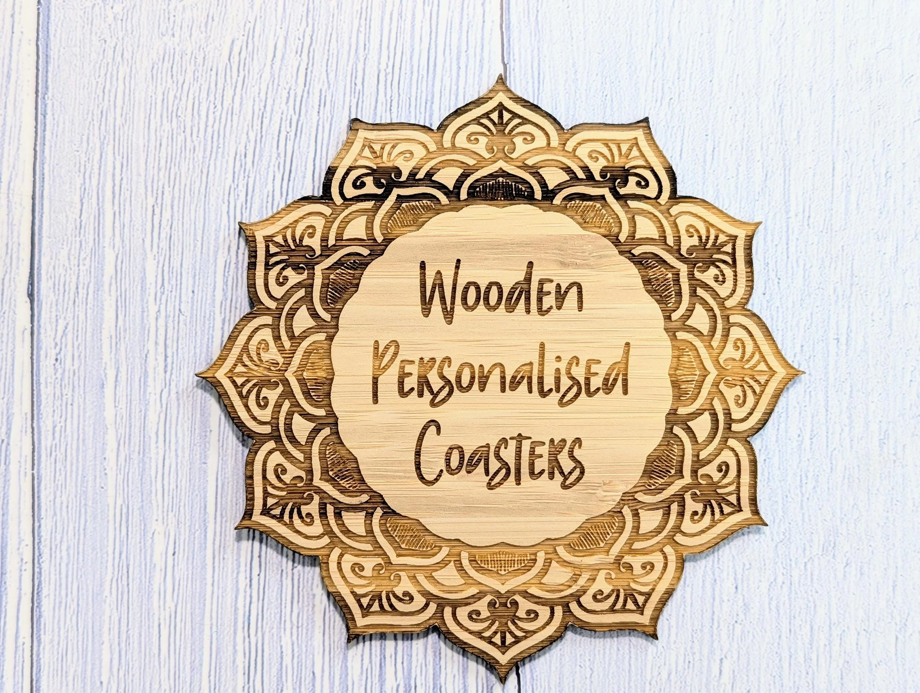 Custom Bamboo Mandala Coasters - Personalised Message Text – Eco-Friendly, Engraved Border – Bespoke Sustainable Craft, 110mm Diameter - Image 5
