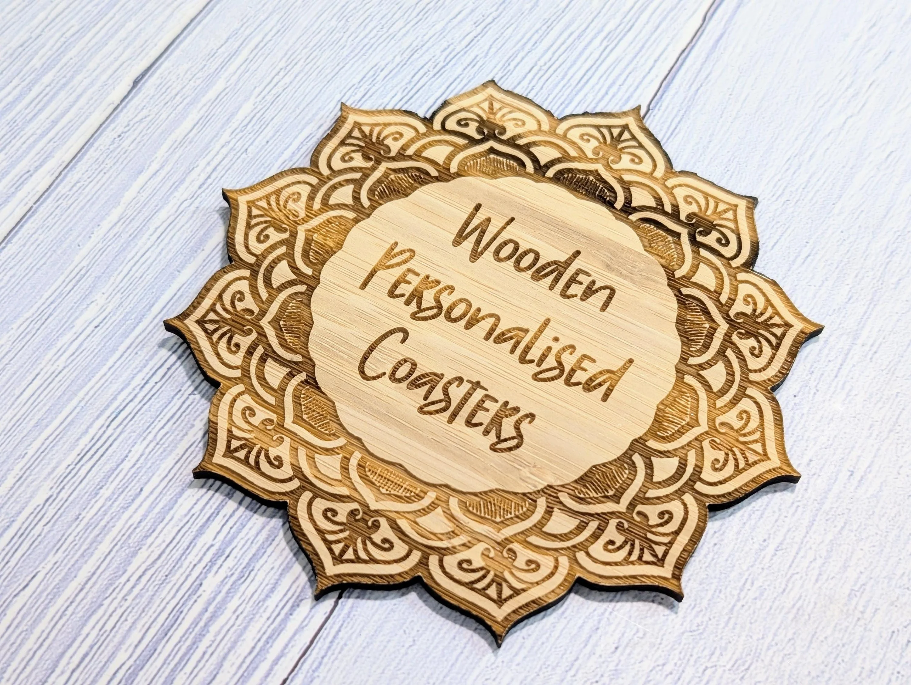 Custom Bamboo Mandala Coasters - Personalised Message Text – Eco-Friendly, Engraved Border – Bespoke Sustainable Craft, 110mm Diameter - Image 6