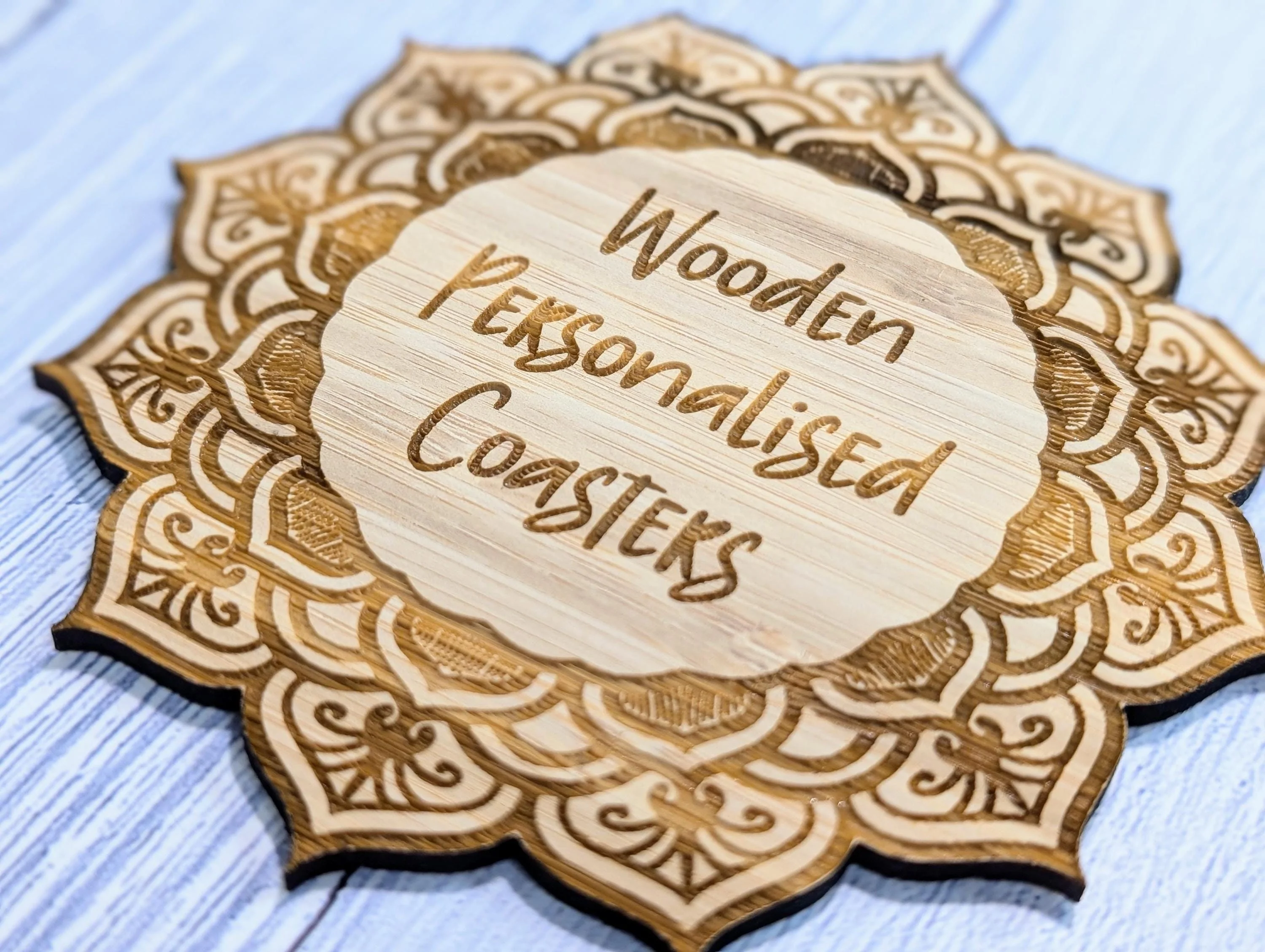 Custom Bamboo Mandala Coasters - Personalised Message Text – Eco-Friendly, Engraved Border – Bespoke Sustainable Craft, 110mm Diameter - Image 7