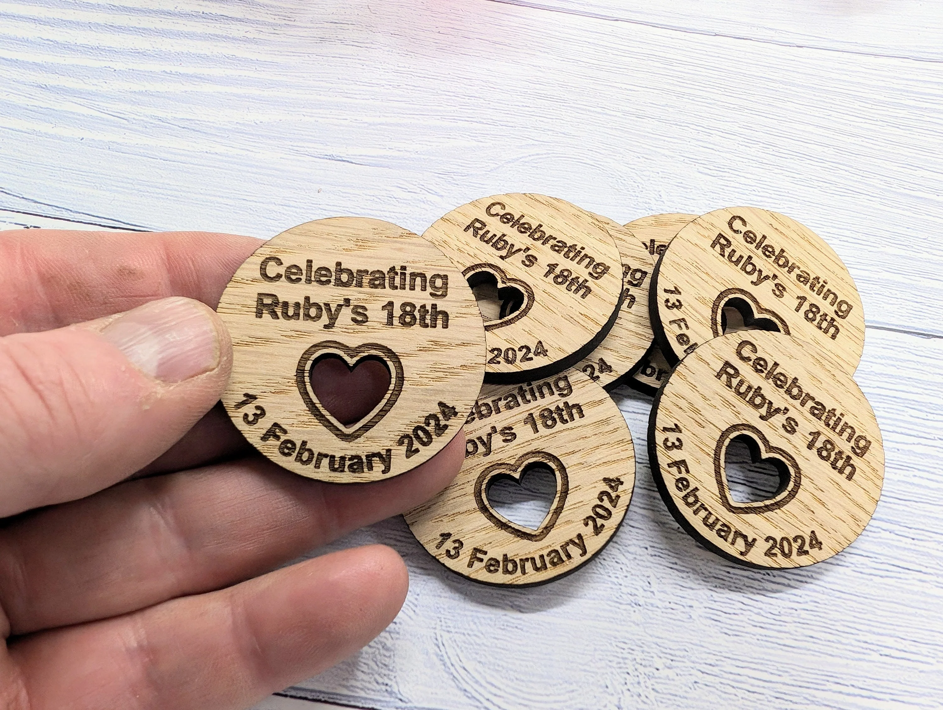 Custom Birthday Favour Discs - Oak - Personalised Birthday Discs with Name & Date (or Guest Name) - Table Favours - Milestone Parties - Image 3