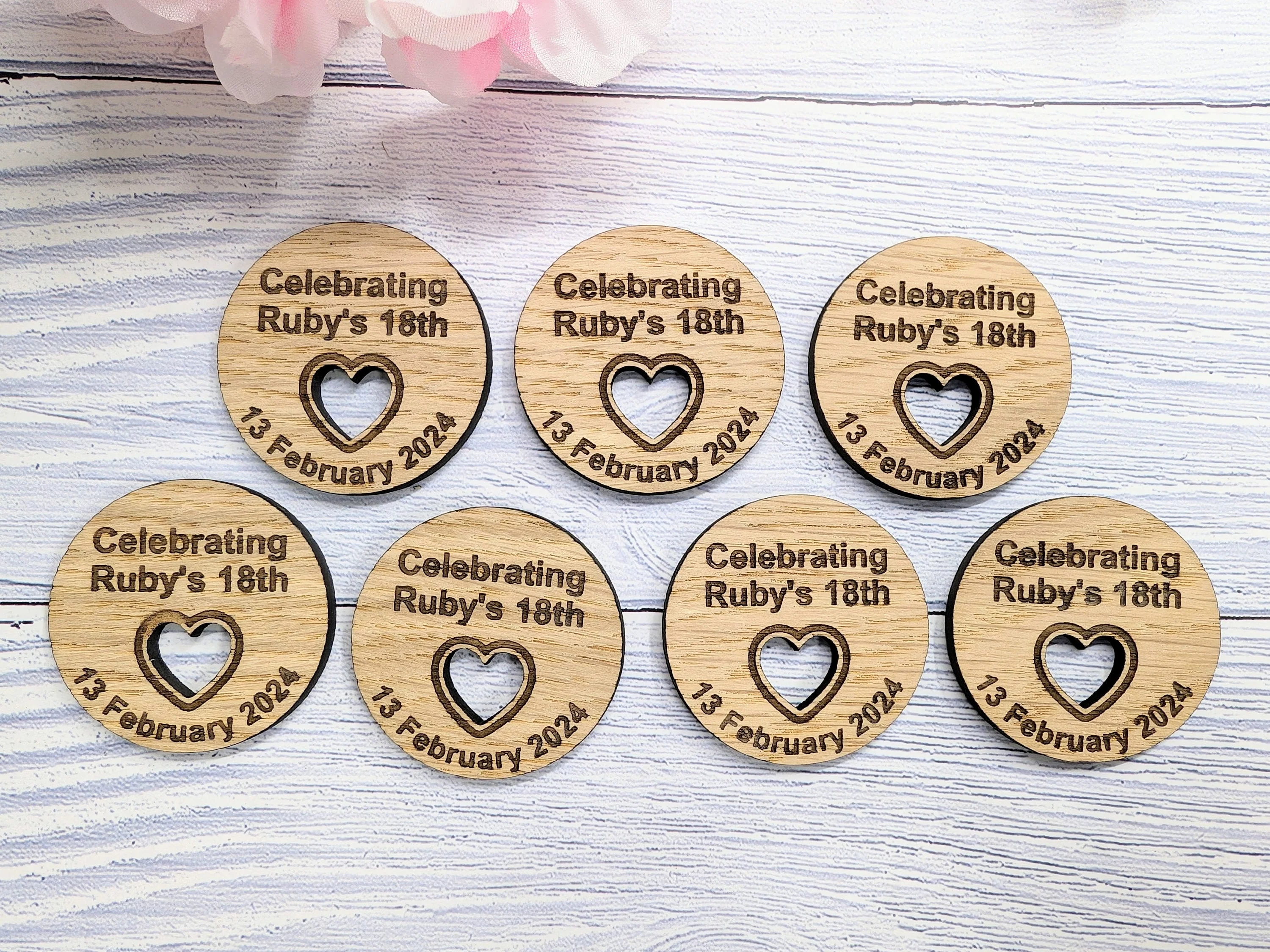 Custom Birthday Favour Discs - Oak - Personalised Birthday Discs with Name & Date (or Guest Name) - Table Favours - Milestone Parties - Image 5