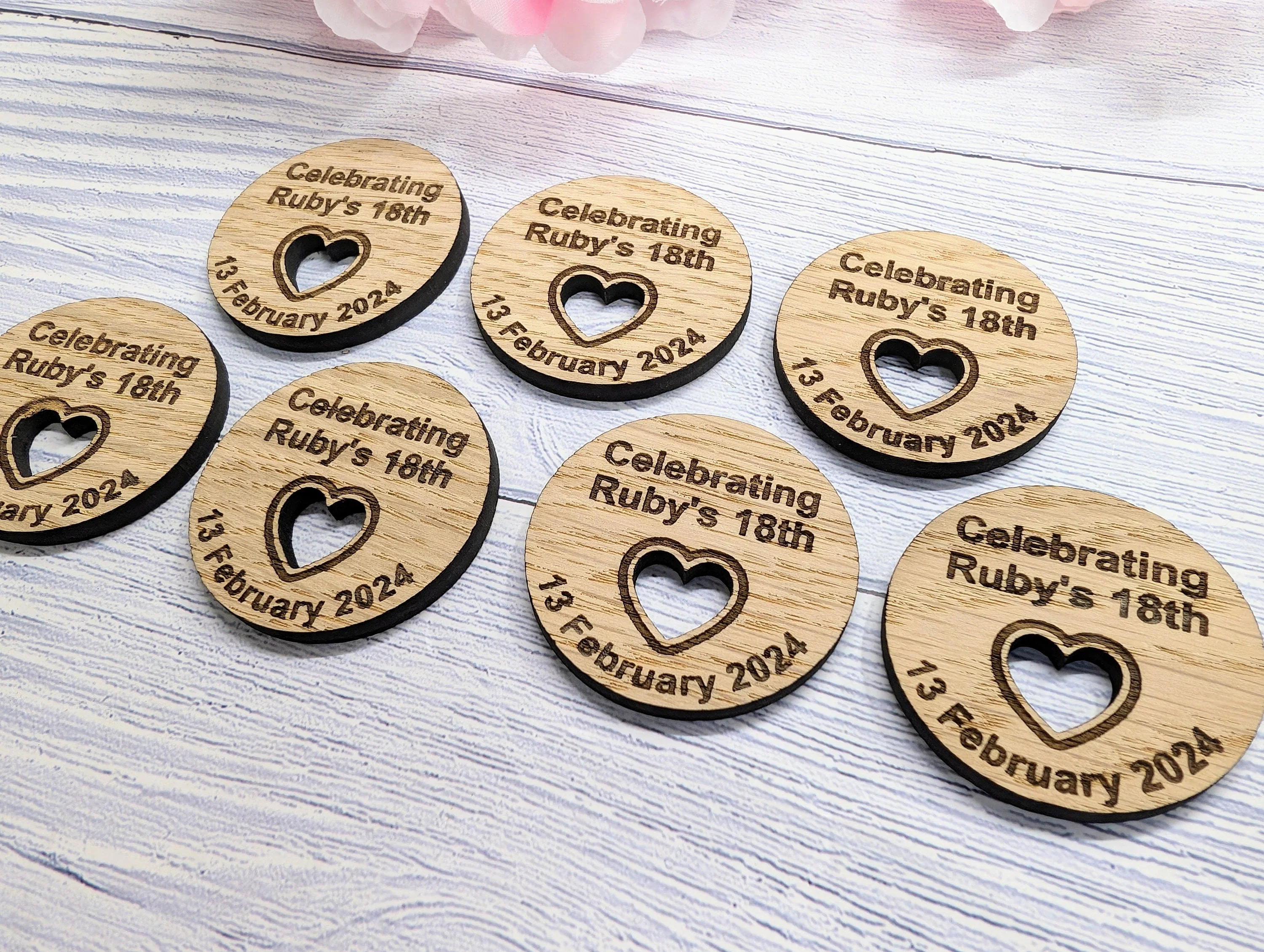 Custom Birthday Favour Discs - Oak - Personalised Birthday Discs with Name & Date (or Guest Name) - Table Favours - Milestone Parties - Image 7