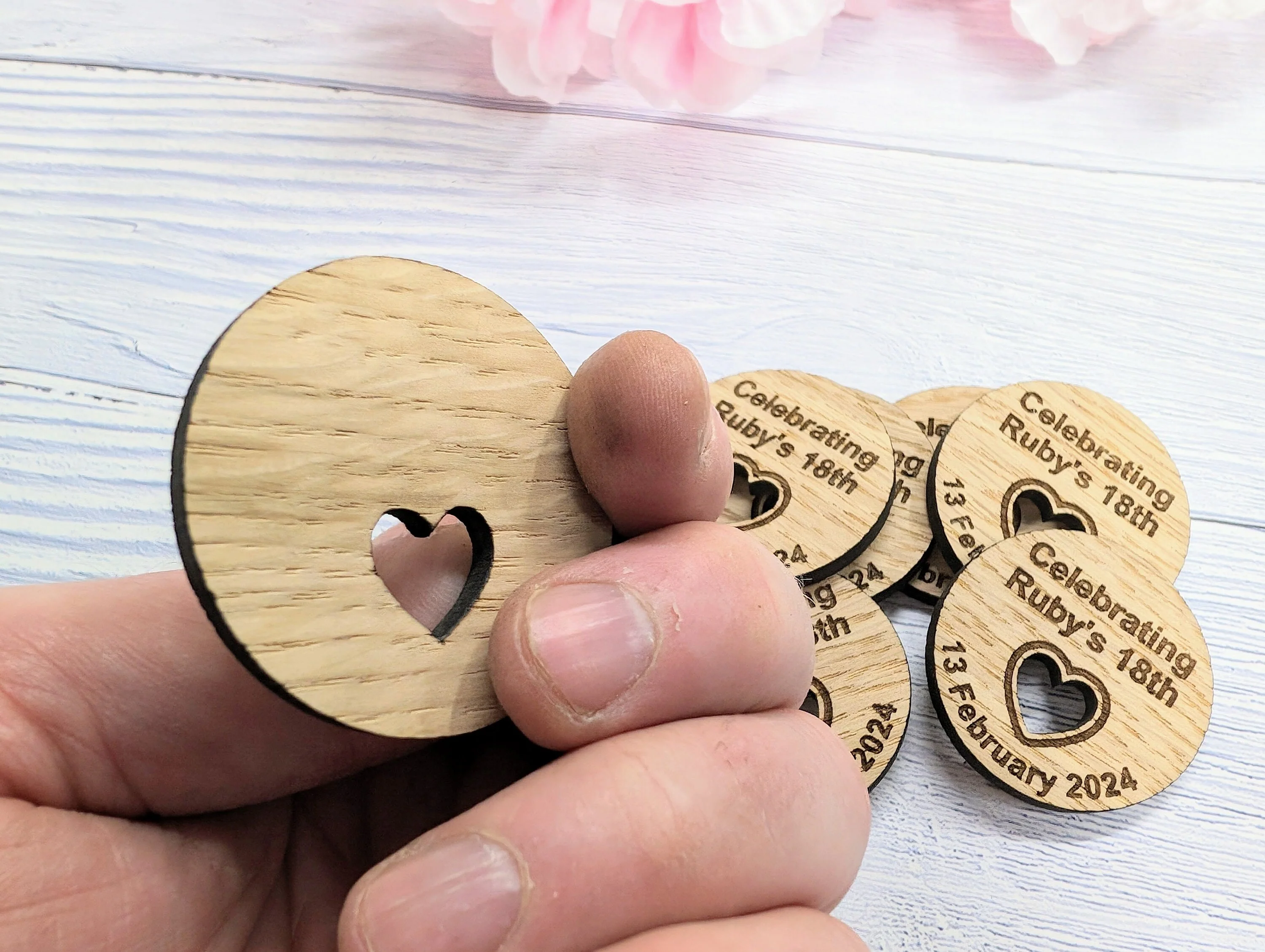 Custom Birthday Favour Discs - Oak - Personalised Birthday Discs with Name & Date (or Guest Name) - Table Favours - Milestone Parties - Image 8