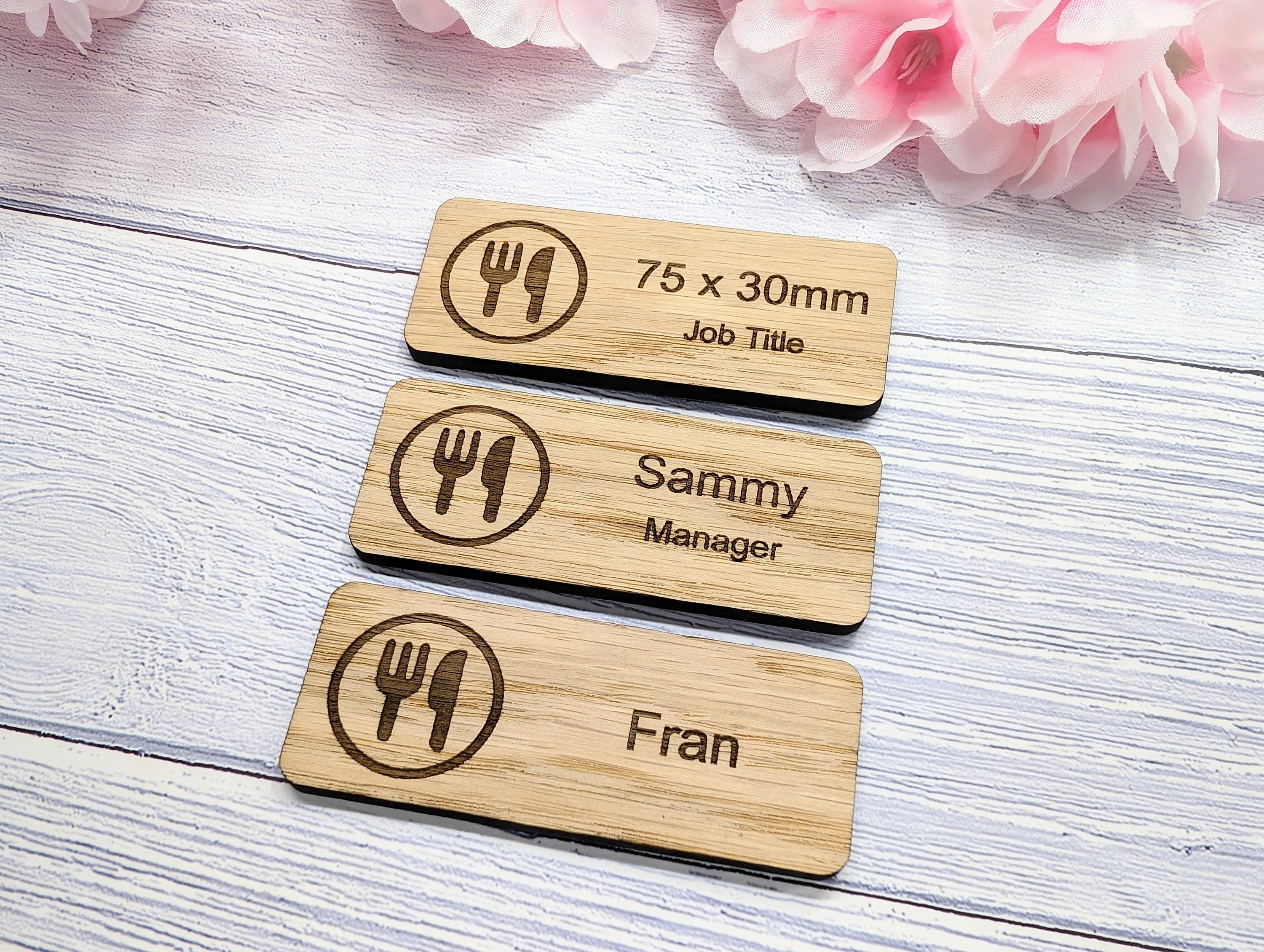 Custom Cafe & Restaurant Name Badges - 75x30mm, Eco Oak MDF, Chef/Coffee Graphics, Magnet/Pin, Personalized Staff Tags - Image 10