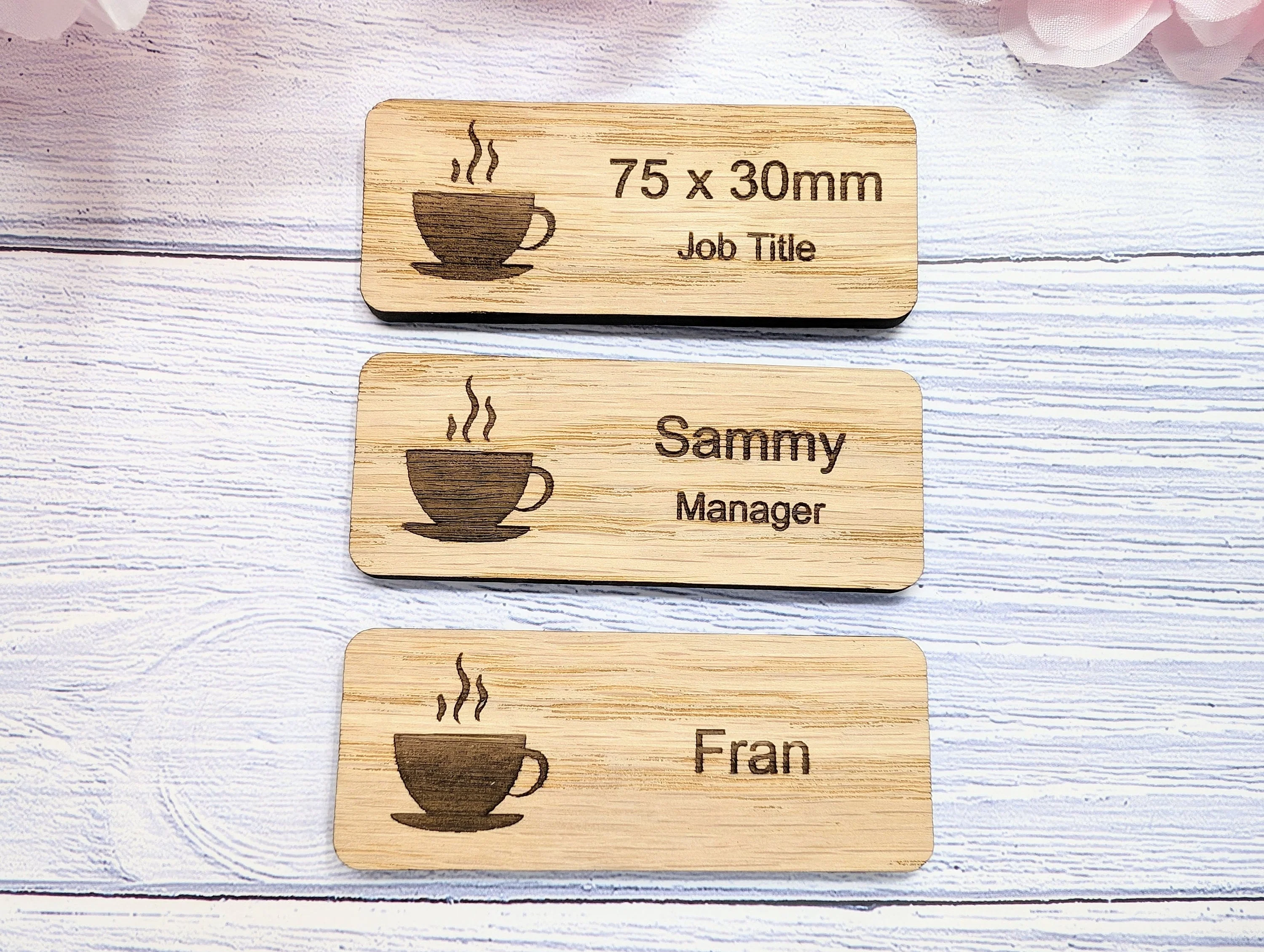 Custom Cafe & Restaurant Name Badges - 75x30mm, Eco Oak MDF, Chef/Coffee Graphics, Magnet/Pin, Personalized Staff Tags - Image 3